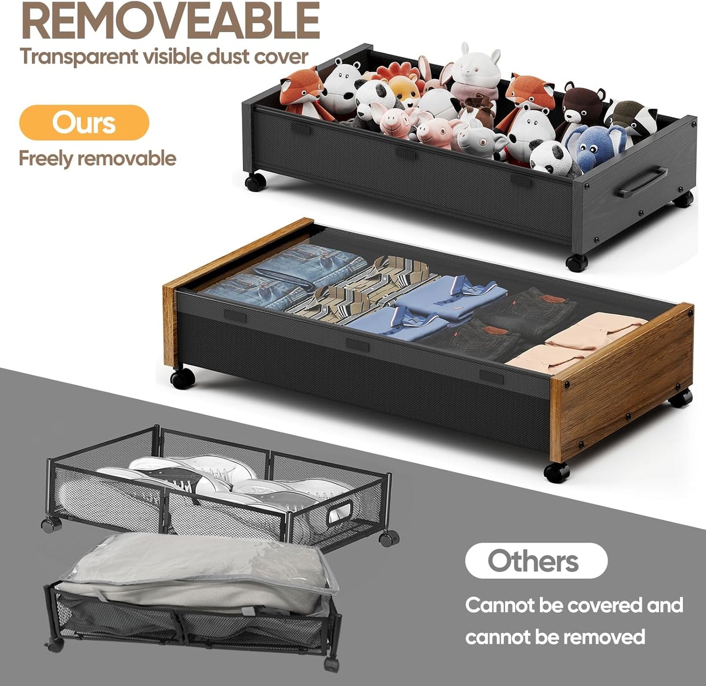 KITHELP Under Bed Storage with Wheels, Wooden Under Bed Drawers 2 Packs, Rolling Underbed Storage Containers Organizer with Handle Removable Lid, Heavy Duty Metal Frame for Clothes Shoe Books(Black)