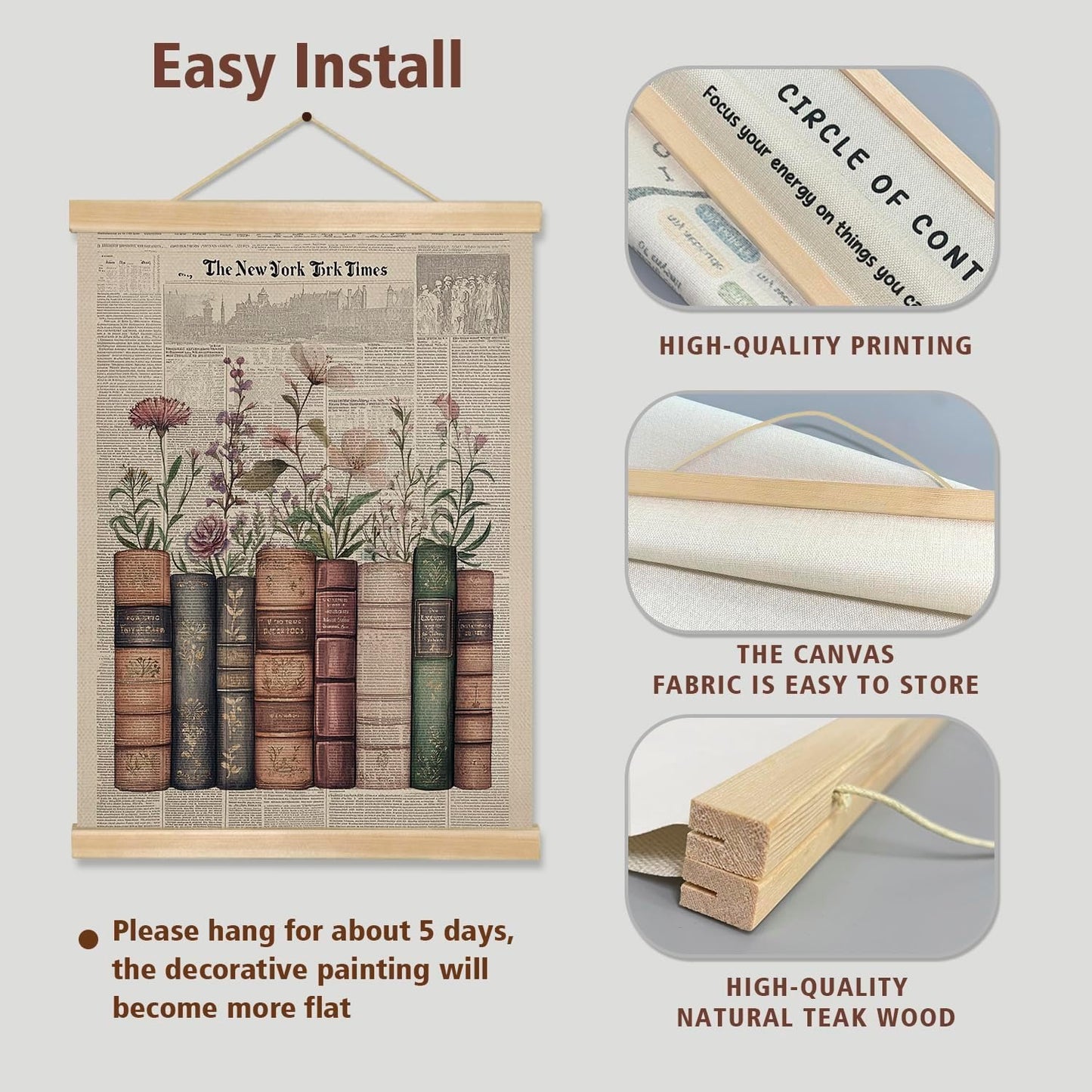 Vintage Book and Newspaper Posters, Retro Floral Wall Art with Wooden Hanger, Reading Corner Decor for Reading Nook, Bookish, Library,Book nook decor 14x18.5inch (BK013)