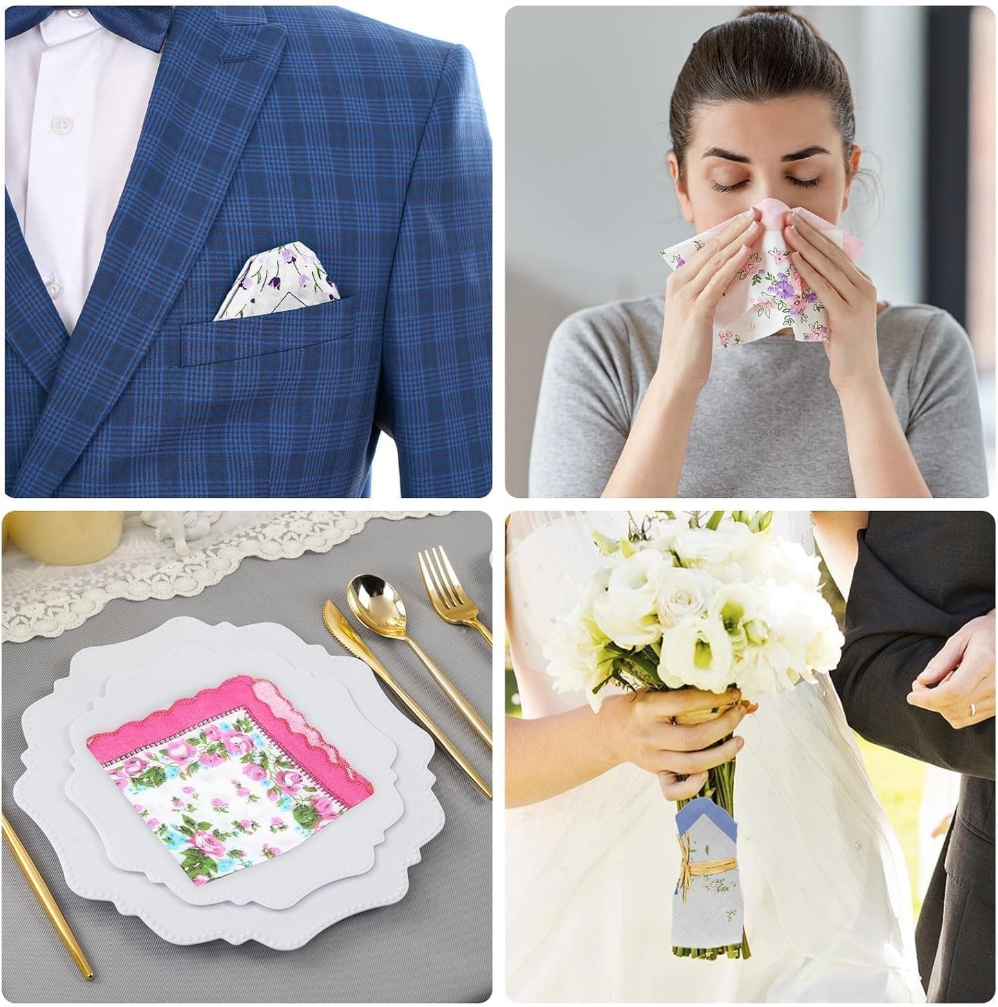 EEEKit Women Cotton Handkerchiefs, 20PCS Vintage Floral Print Handkies with Wavy Edge for Wedding Party Gifts, 11X11 in