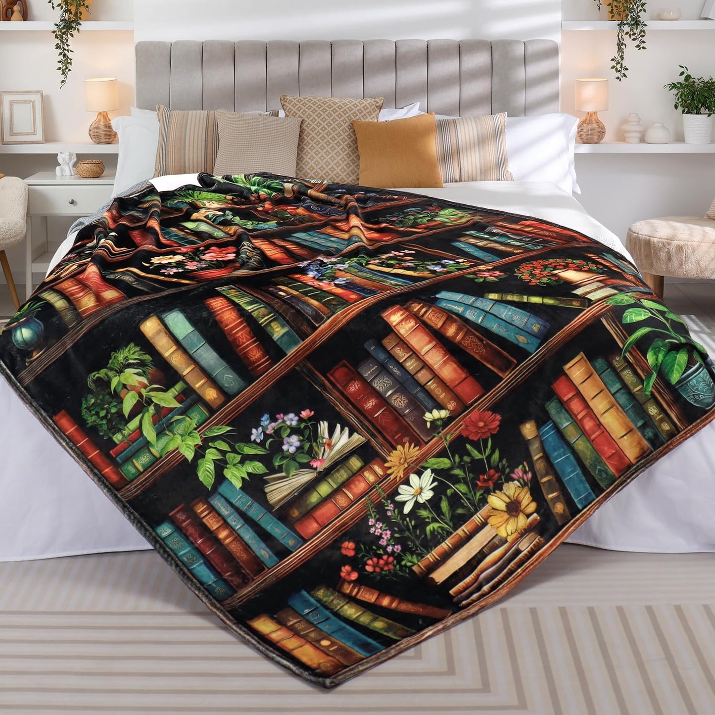 Bookshelf Throw Blanket Vintage Books Blanket for Book Lovers Reading Blankets for Readers Floral Fleece Throw Blanket Super Soft Warm Cozy Flannel Blankets for Couch Sofa Bed 50x60in