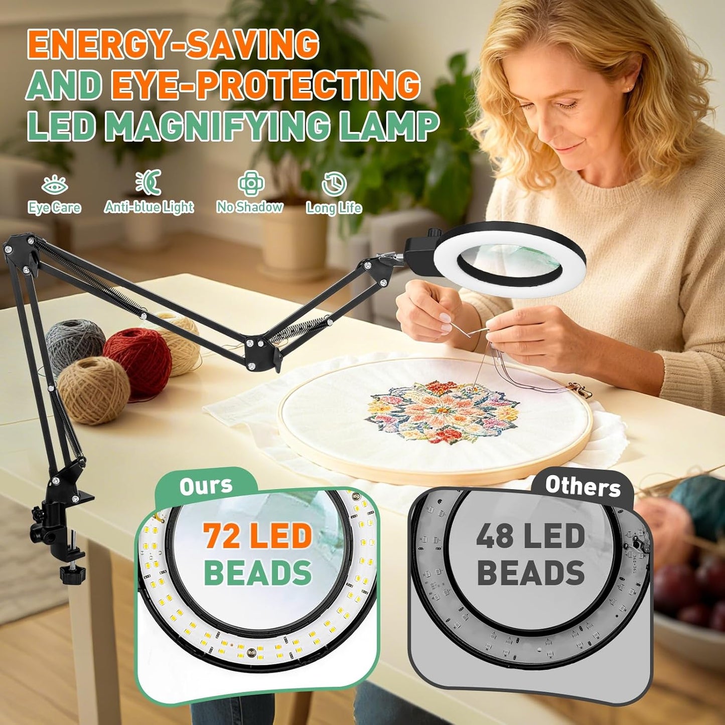 12X Magnifying Glass with Light, Ultra Long 3 Section Swing Arm LED Desk Lamp with Large Clamp, 3 Color and Brightness Hands Free Magnifier Light and Stand for Workbench Crafts Reading Sewing