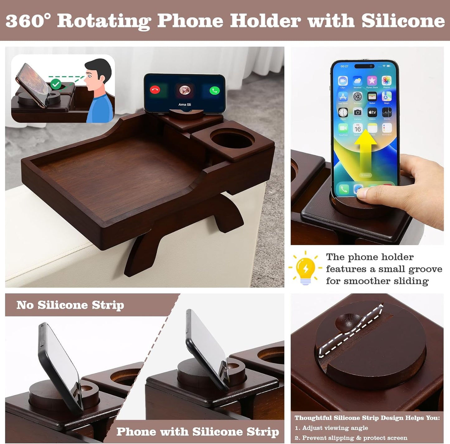 Couch Cup Holder Tray, 15.4"x9.9" Large 4 in 1 Couch Armrest Table with 360°Rotated Phone Holder, Non-Slip Clip on Side Table for Drinks/Remote/Snacks, Ideal Gift for Husband, Wife, Parents