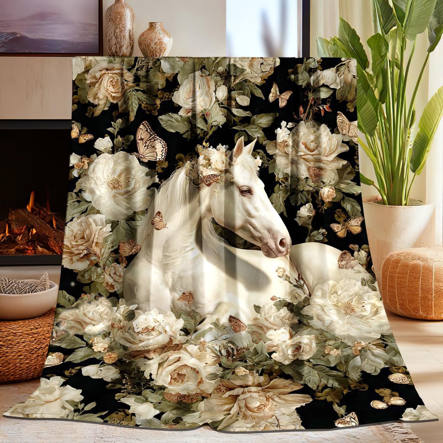 Horse Throw Blnaket Gifts for Women Girls Kids Adults, Super Soft Funny Vintage White Horses Blanket Gifts for Horse Lovers, Warm Cozy Plush Fleece Flannel Throw Blankets 50"X40" for Couch Bedding