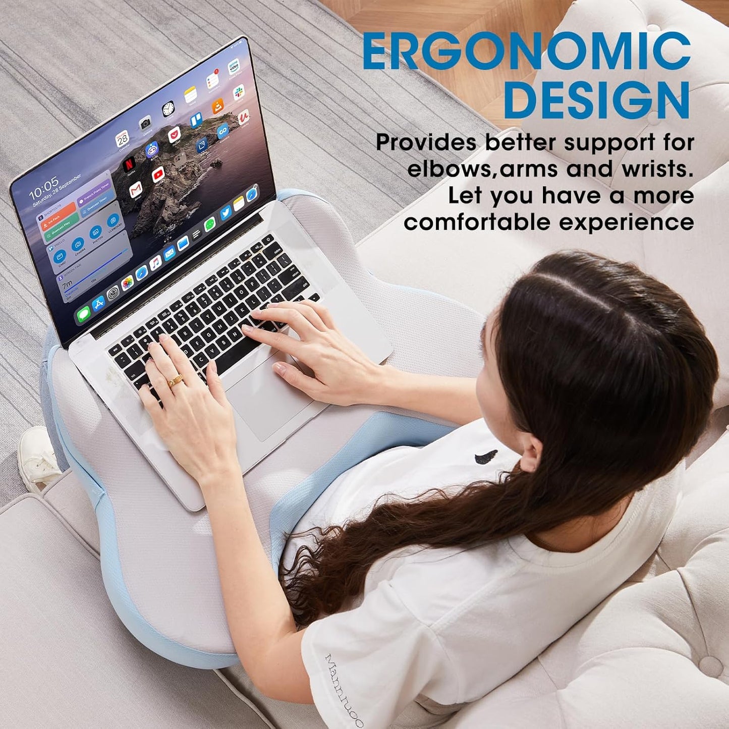 Reading Pillow, Lap Desk, Laptop Lap Desk, Laptop Stand for Bed, Arm Rest Pillow, Memory Foam Gaming Pillow for Reading, Working, Gaming in Bed Couch Floor (Blue-Grey)