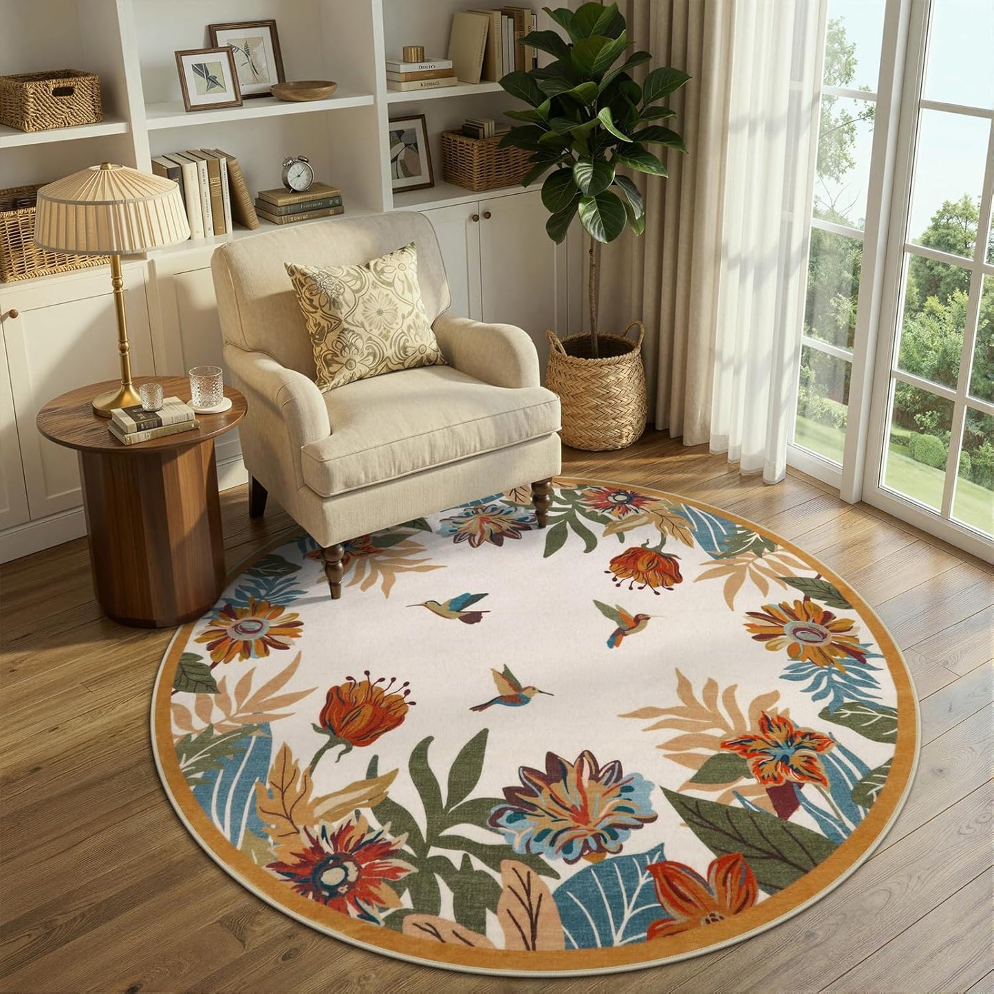 Beeiva Floral Round Area Rug 4ft for Bedroom - Yellow Washable Circle Dining Room Rugs for Under Table, Circular Flower Print Fall Rug Small Carpet for Reading Corner Decor(Yellow,Round 4')