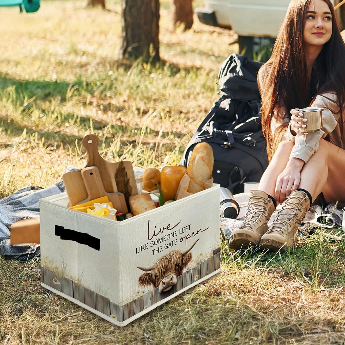 Highland Cow Storage Bins & Boxes with Handles, Western Highland Cow Foldable Basket for Organizing, Farmhouse Rustic Collapsible Storage Basket for Bedroom Room Bathroom Clothes Toys Books