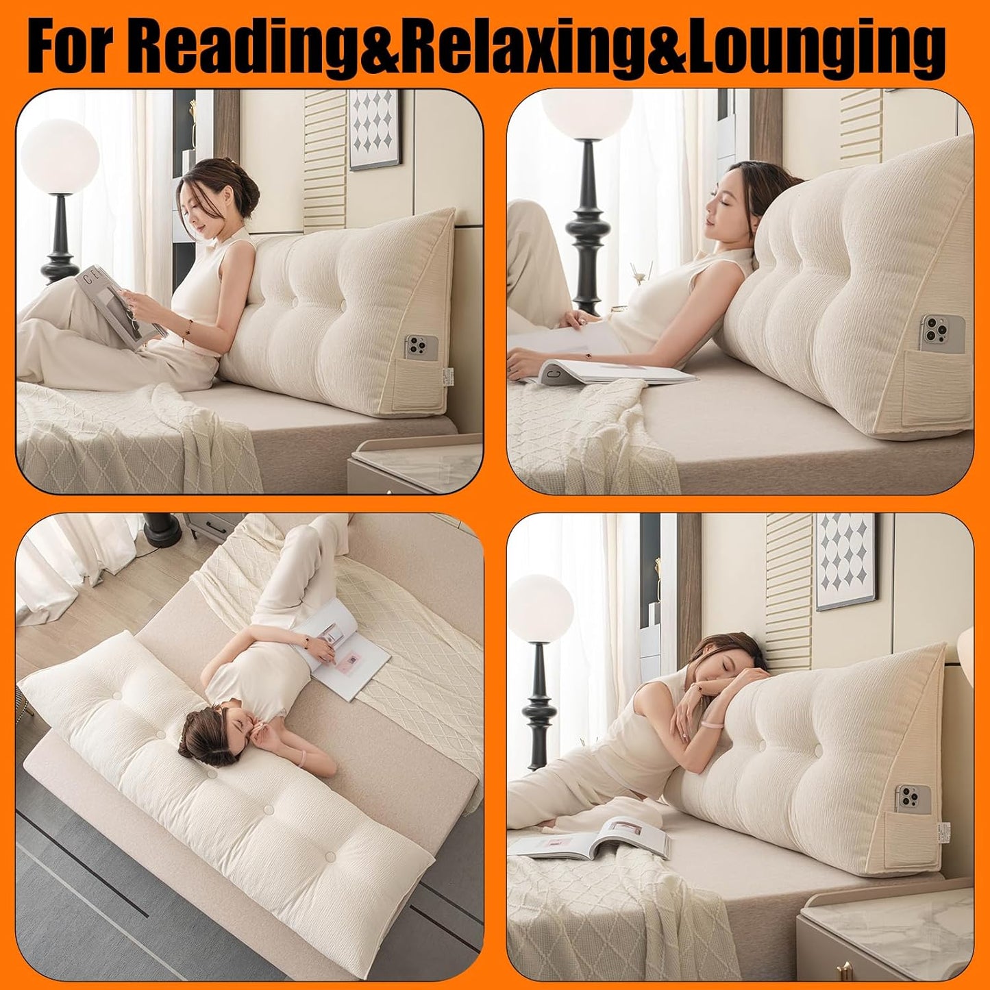 Queen Wedge Headboard Pillow Wedge Pillow Headboard Queen Wedge Pillow,with Removable Cover And Two Large Side Pockets,for Beds, Sofas, Floors.Especially for sitting or Reading In Bed(Carbon Black )