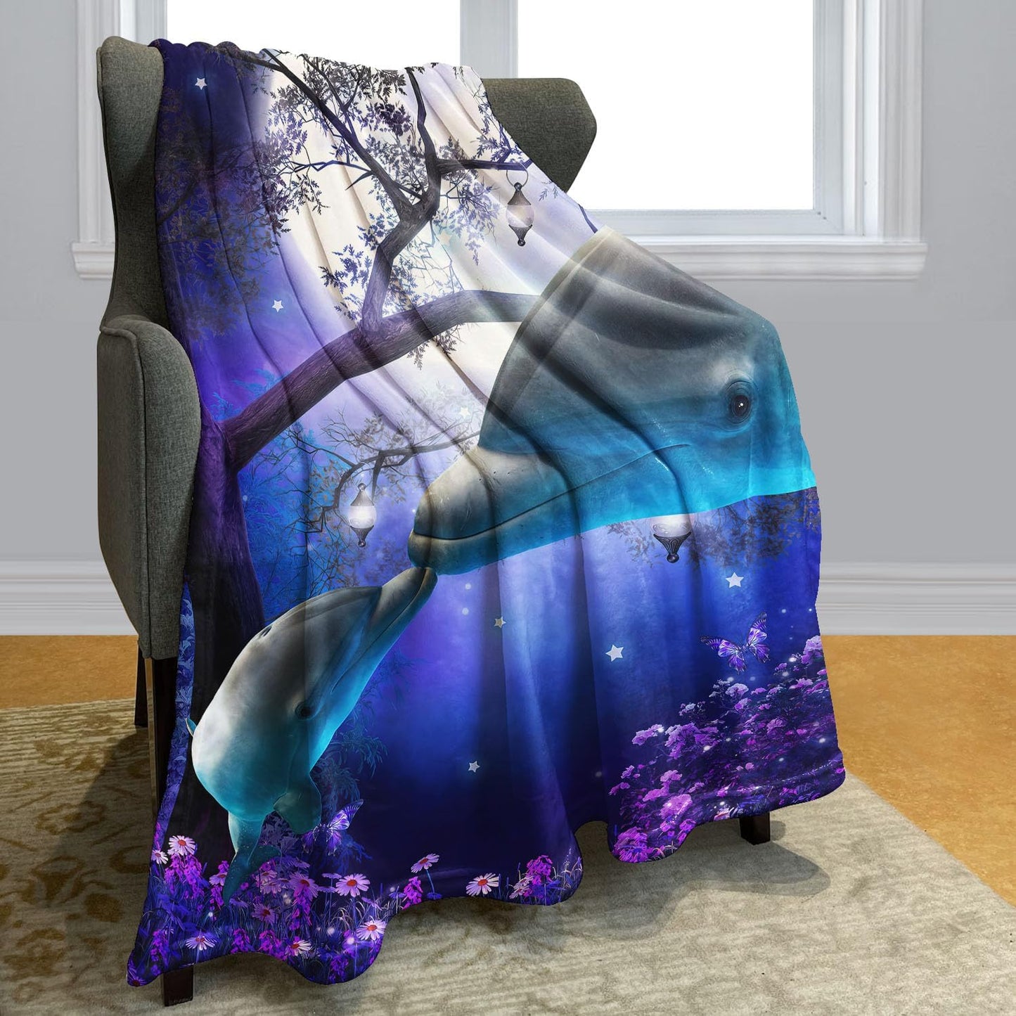 SXCHEN - Soft Fleece Blanket, 100% Microfiber, Polyester, Late Night Forest Blue Whale 2 Dolphins, 60x80 inch, Machine Wash