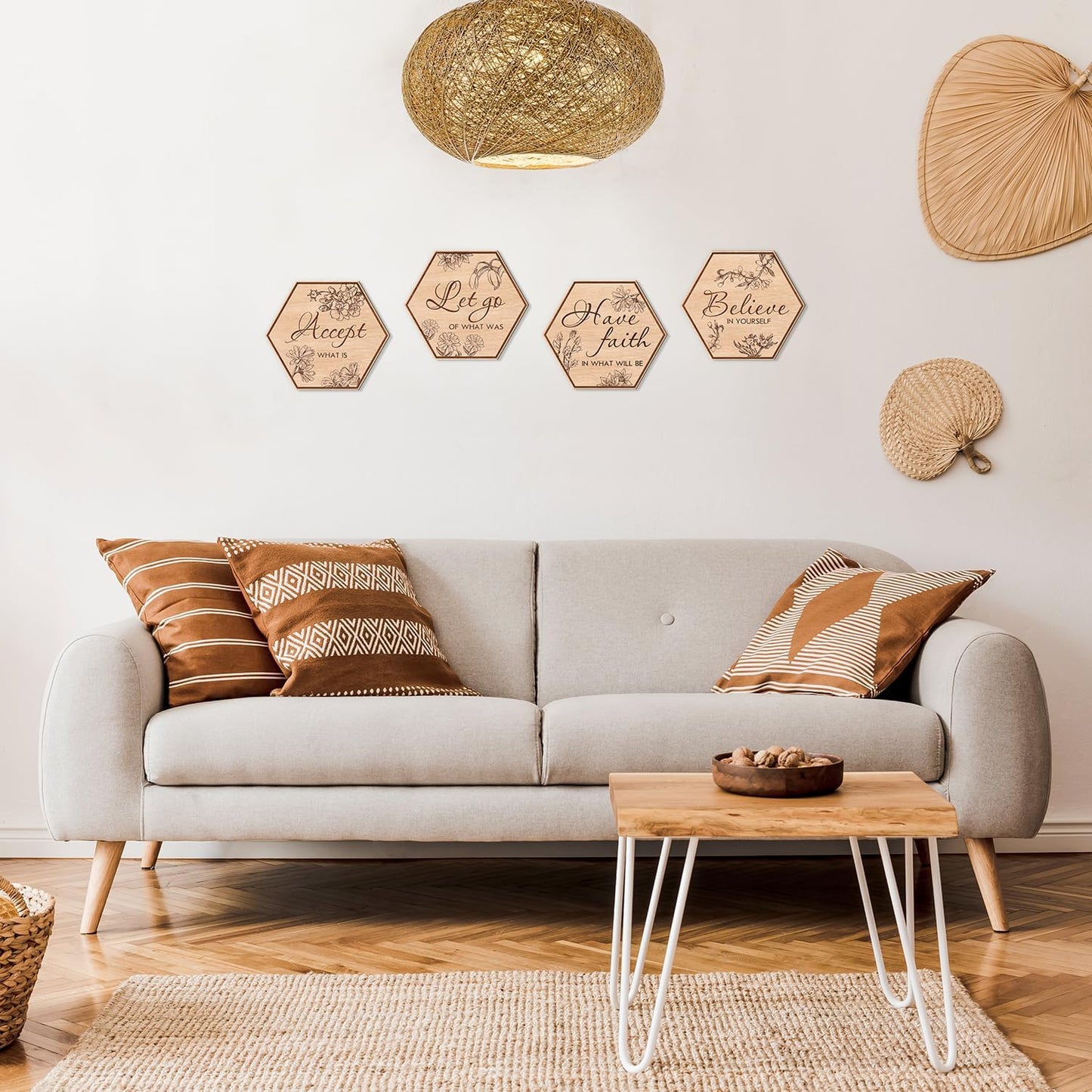 CHDITB Bathroom Wall Art Set of 4: 'Let Go', 'Have Faith', 'Accept', 'Inspirational' Wooden Signs, Rustic Floral Farmhouse Hanging Signs for Home, Spa Decoration - 8.7"x8.9"