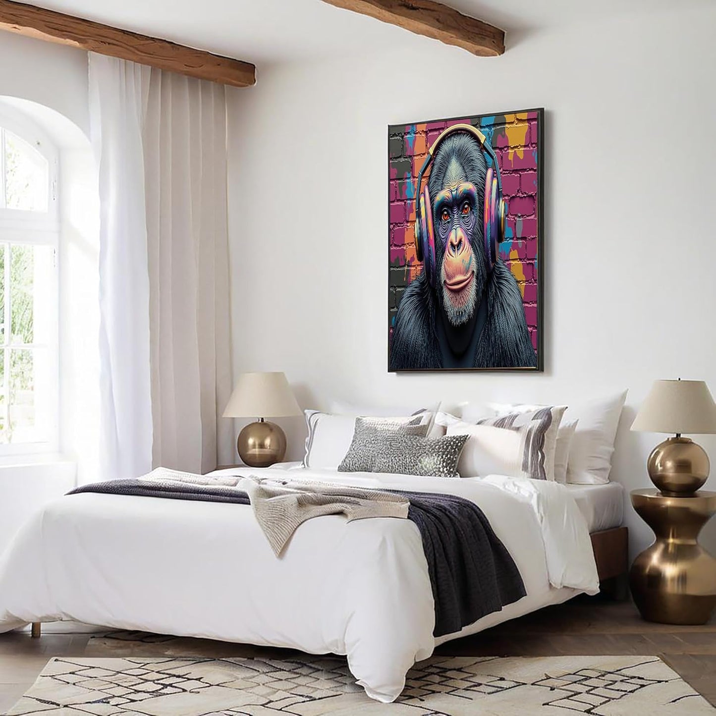 GDJSMIN Street Art Style Wall Art, Animal Monkey Wearing Headphones Poster for Reading Room Living Room Decor 24 x 36 inch Unframed