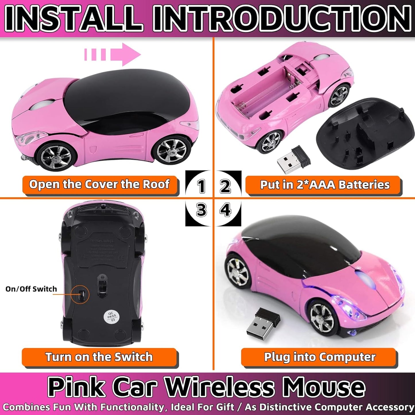 Pink Wireless Car Mouse - 2.4G Wireless with USB Receiver, Optical Mouse for PC, Laptop, Tablet - Win XP/Vista/7/ME/2000/Mac OS Pink Mouse for Her for Christmas