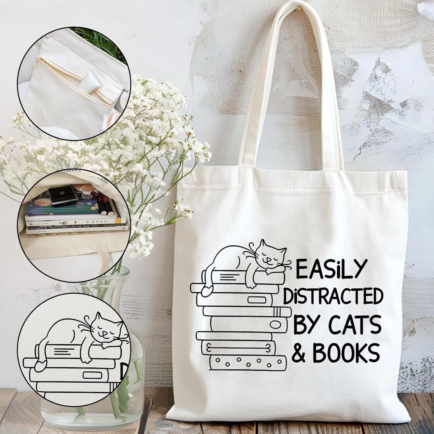 Book Lovers Gifts Cat Lover Gifts for Women Canvas Tote Bag Bookish Accessories Club Cat Themed Gift