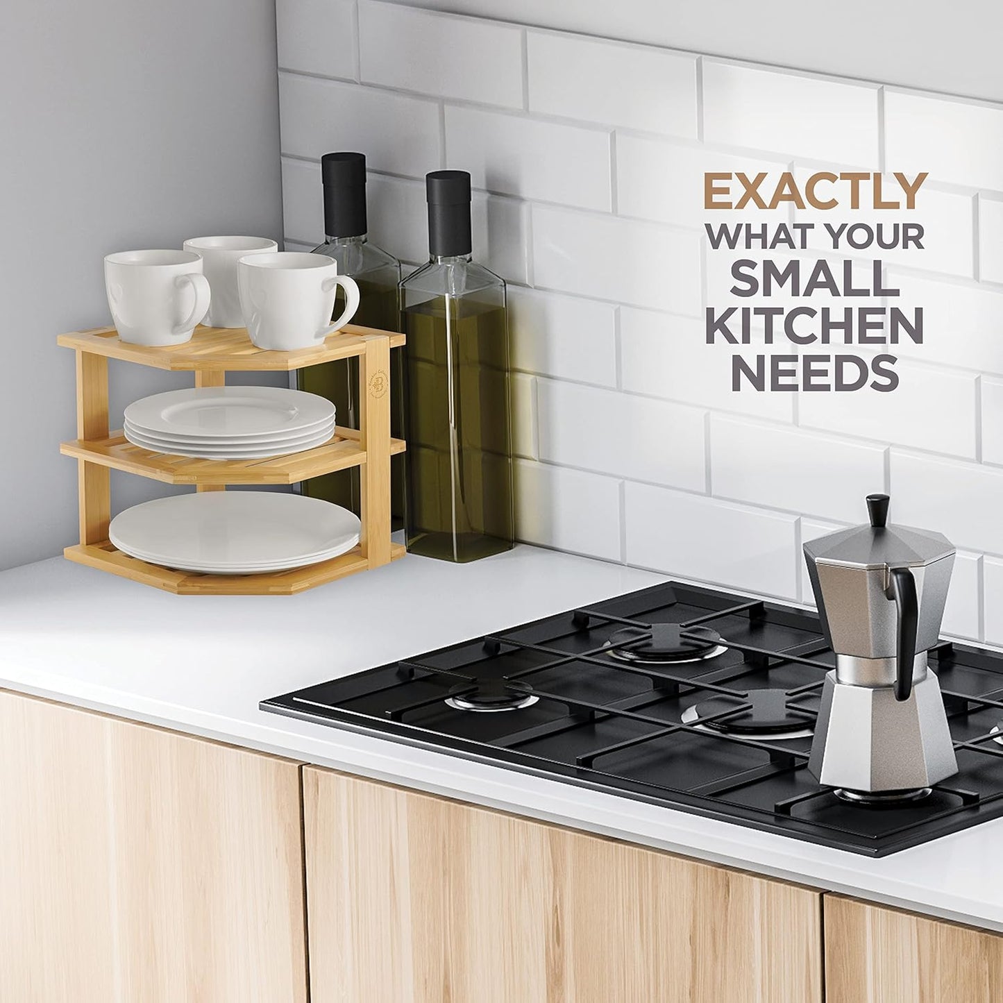 Plate Organizer for Cabinet - 3 Tier Bamboo Corner Shelf Cabinet Organizer for Plates, Bowls, Mugs and Pantry Storage, Space Saving Countertop and Cabinet Corner Shelf, 10 x 10 x 9.5 Inch, Bambusi | Kitchen Counter, Cabinet Space Saver, Plates, Dishes, Bo