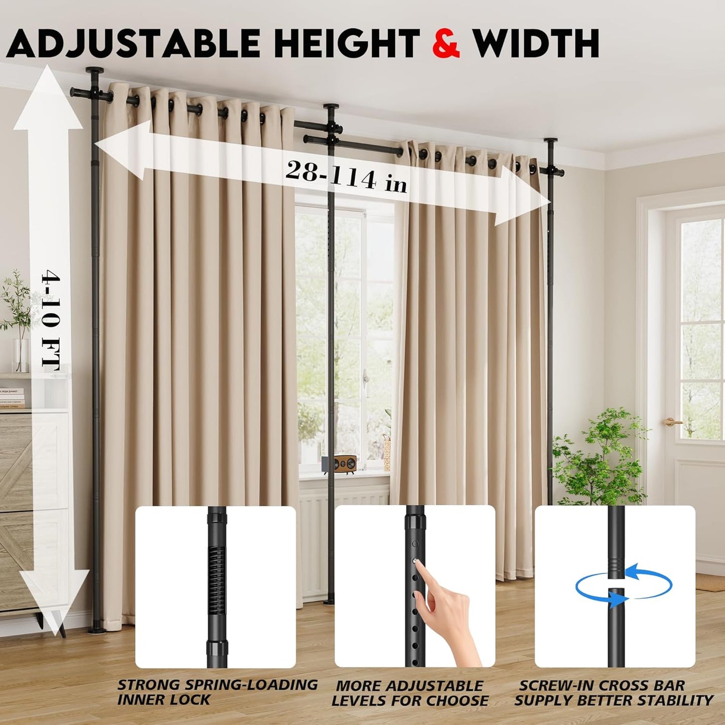 Curtain Rods No Drilling for Room Divider, Tension Curtain Rod 180in Wide Adjustable Wall Divider for Window Heavy Duty Partition Room Dividers Separation, Floor to Ceiling Space Privacy Separator