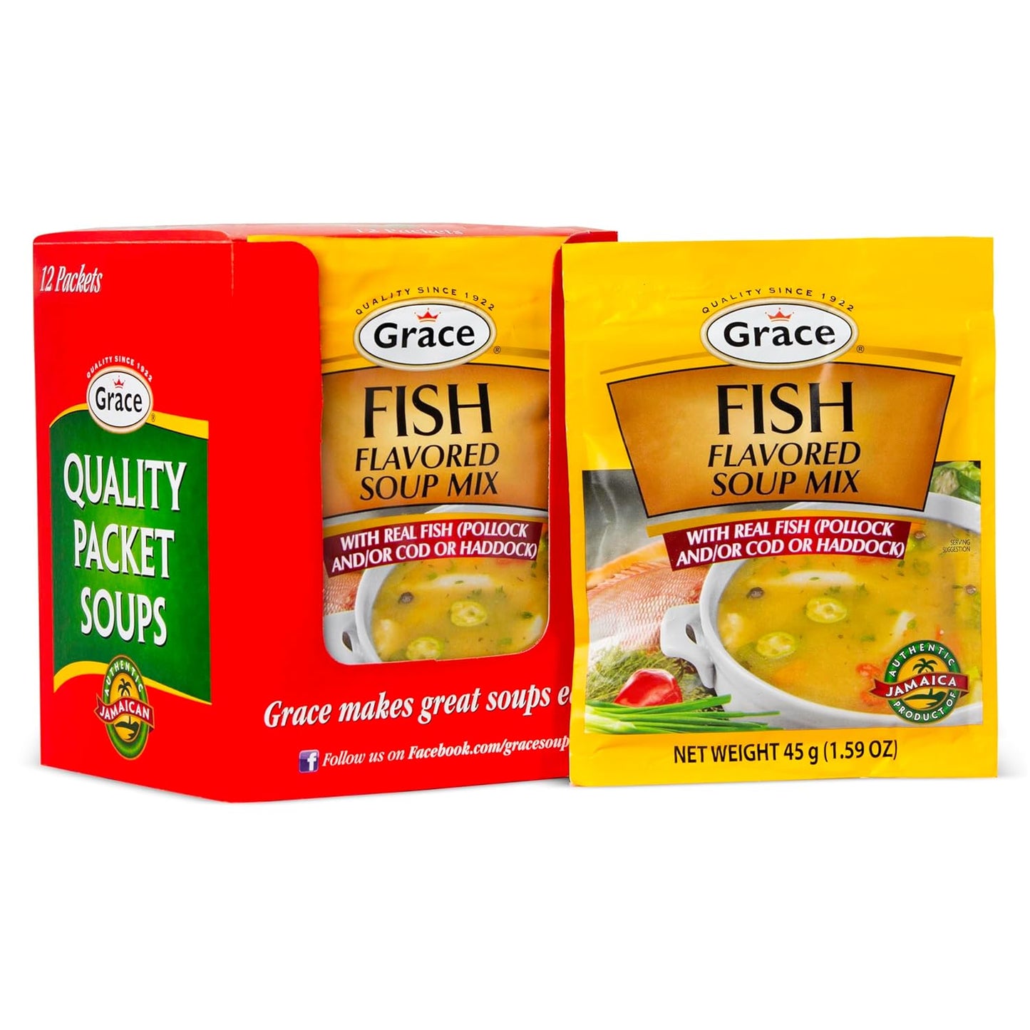 Grace Fish Flavored Soup Mix 1.59oz - Pack of 12 - Authentic Jamaican Fish Tea Made with Cod, Haddock & Pollock - Caribbean Fish & Seafood Stock Mix