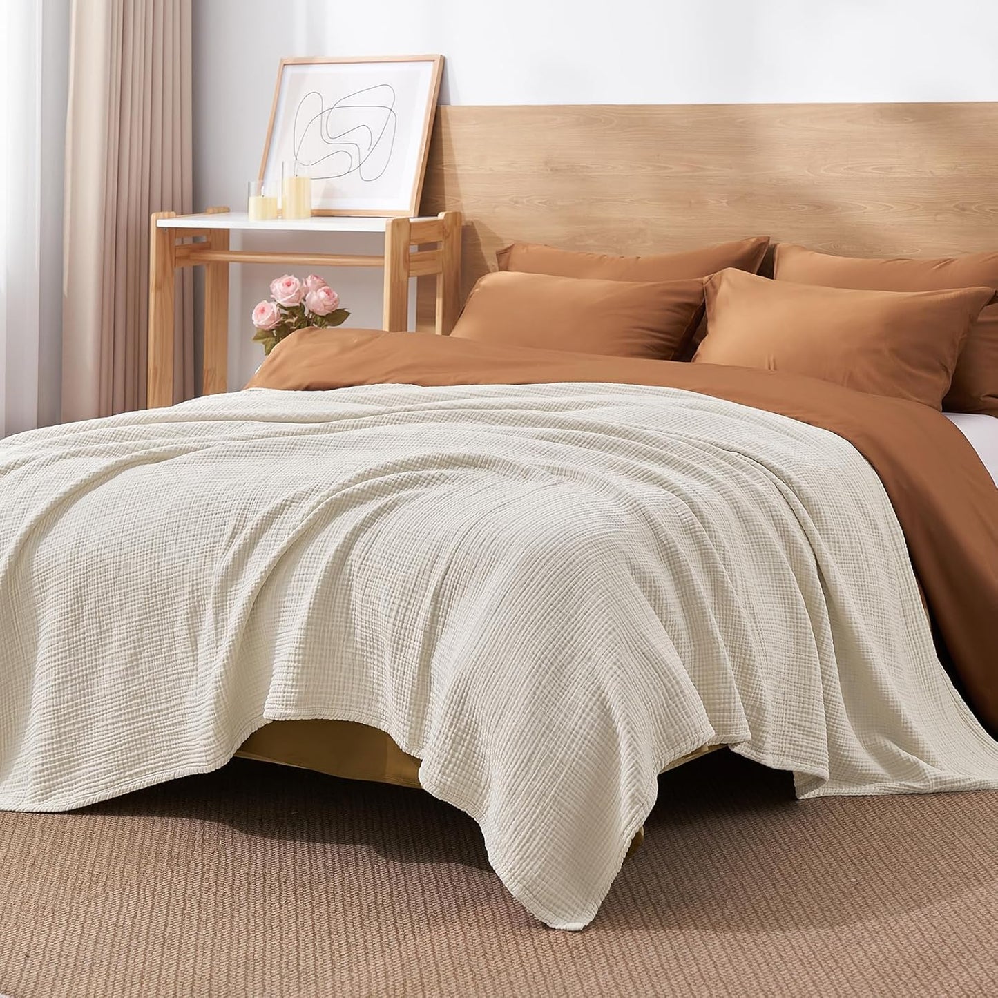 David's Home Pre-Washed 100% Cotton Muslin Throw Blanket, 4-Layer Soft Throw for Bed Couch, Breathable & Lightweight Blankets for Adults Hot Sleepers, Room Decor, Luxury Gift, Birch, 50 * 60"