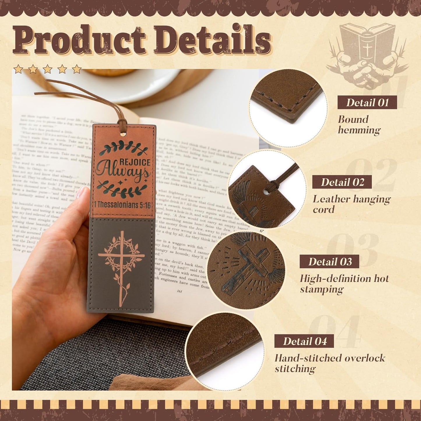 4PCS Leather Bookmark Bible Bookmarks for Reading Women Men Teacher Book Lovers Gifts, Handmade Vintage Religious Christian Bookmark Page Markers Inspirational Bible Verse Scripture Book Marks