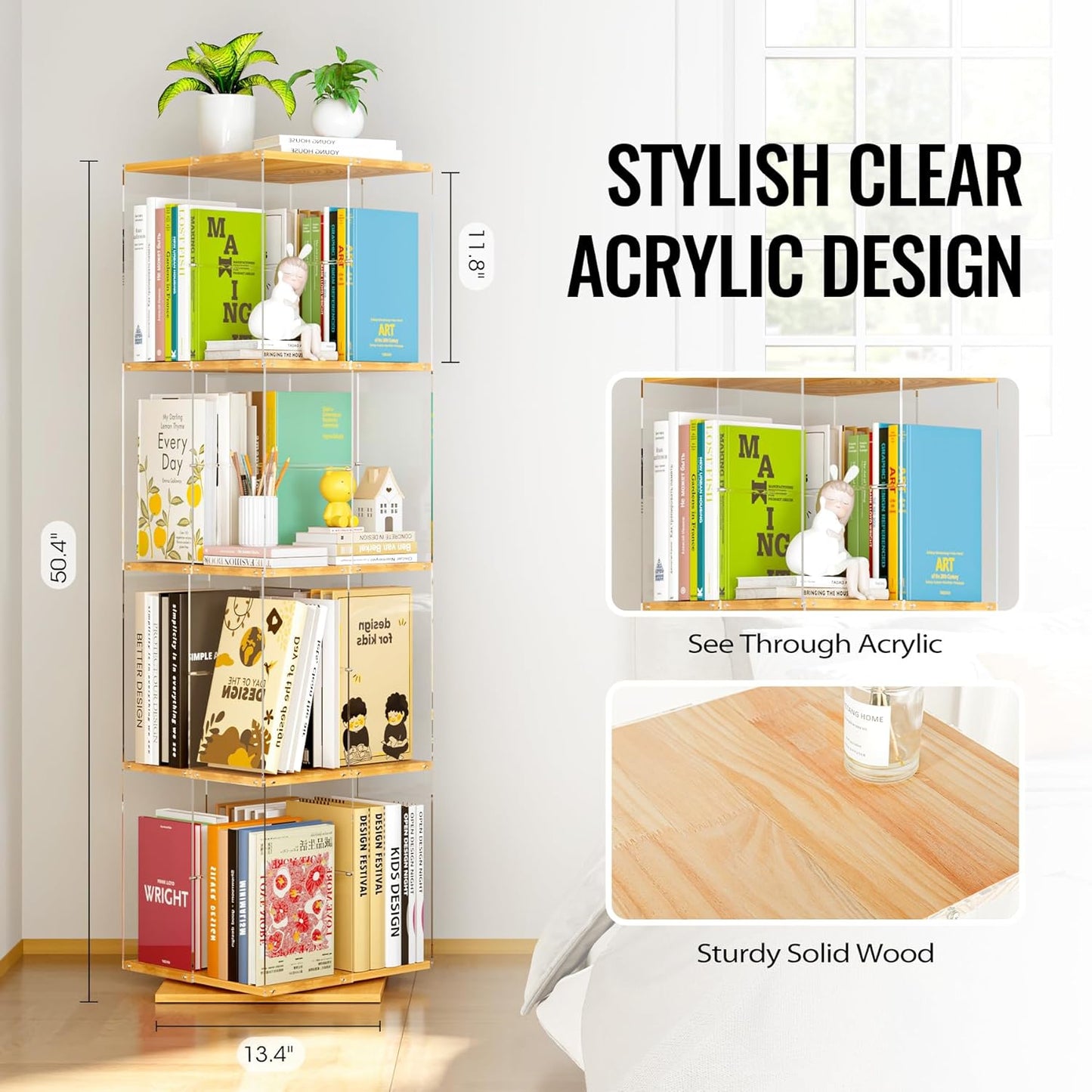 Rotating Bookshelf, 360 Degree Revolving Bookcase, 4-Tier Spinning Bookshelf, Clear Acrylic & Solid Wood Rotating Bookcase for Kid’s Playroom, Bedroom and Living Room, Square