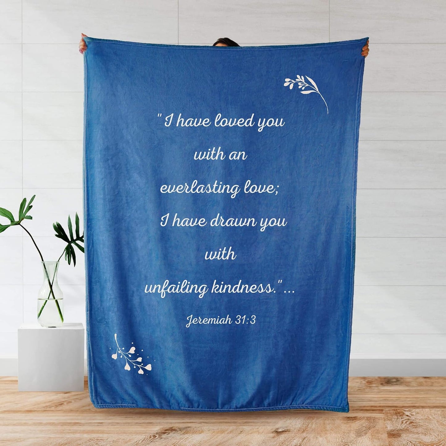 Scripture Blanket Soft Prayer Blanket with God's Love Verse from Jeremiah 31:3 - Blue 50"x65" Inspirational Bedspread - Lightweight Flannel Fleece Bible Verse