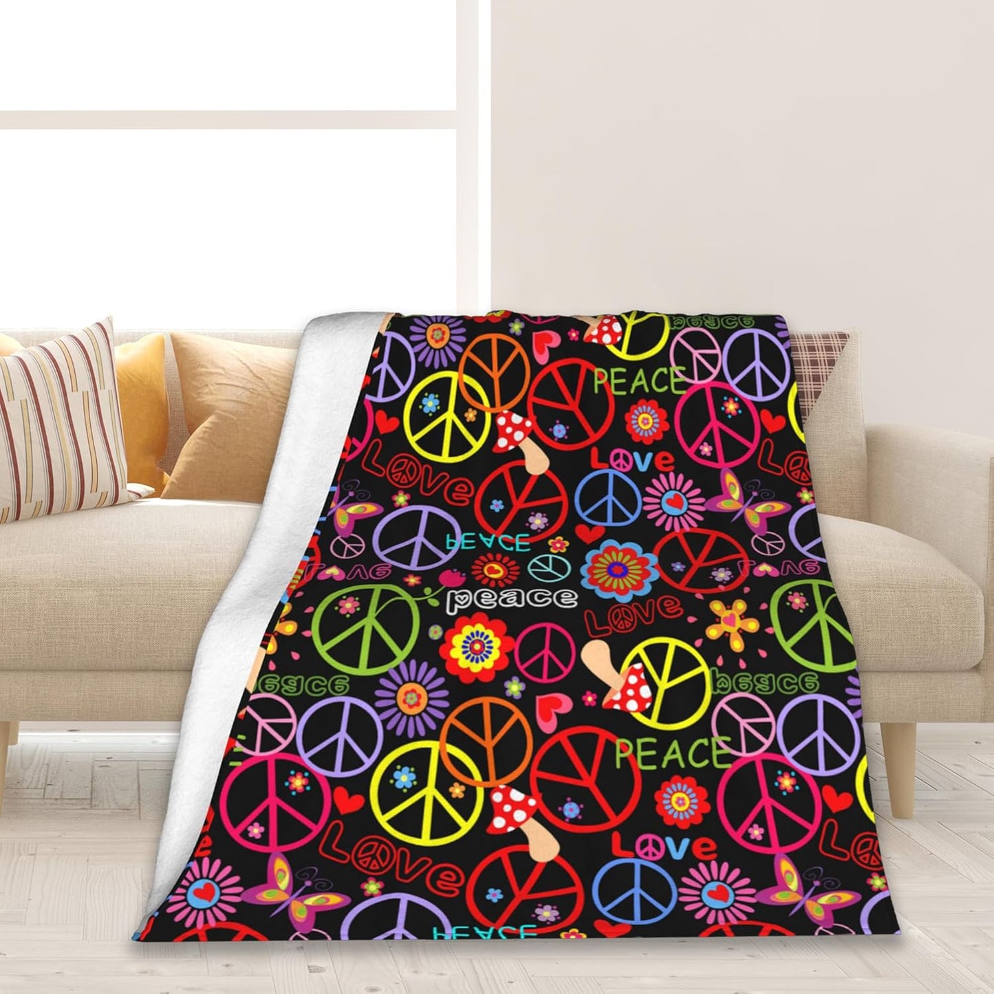 Elightvap Blanket Hippie Peace Mushroom Butterfly Flower Blankets Warm Lightweight Throw Blanket All-Season for Couch Bed Man Women Girl 50"x60"
