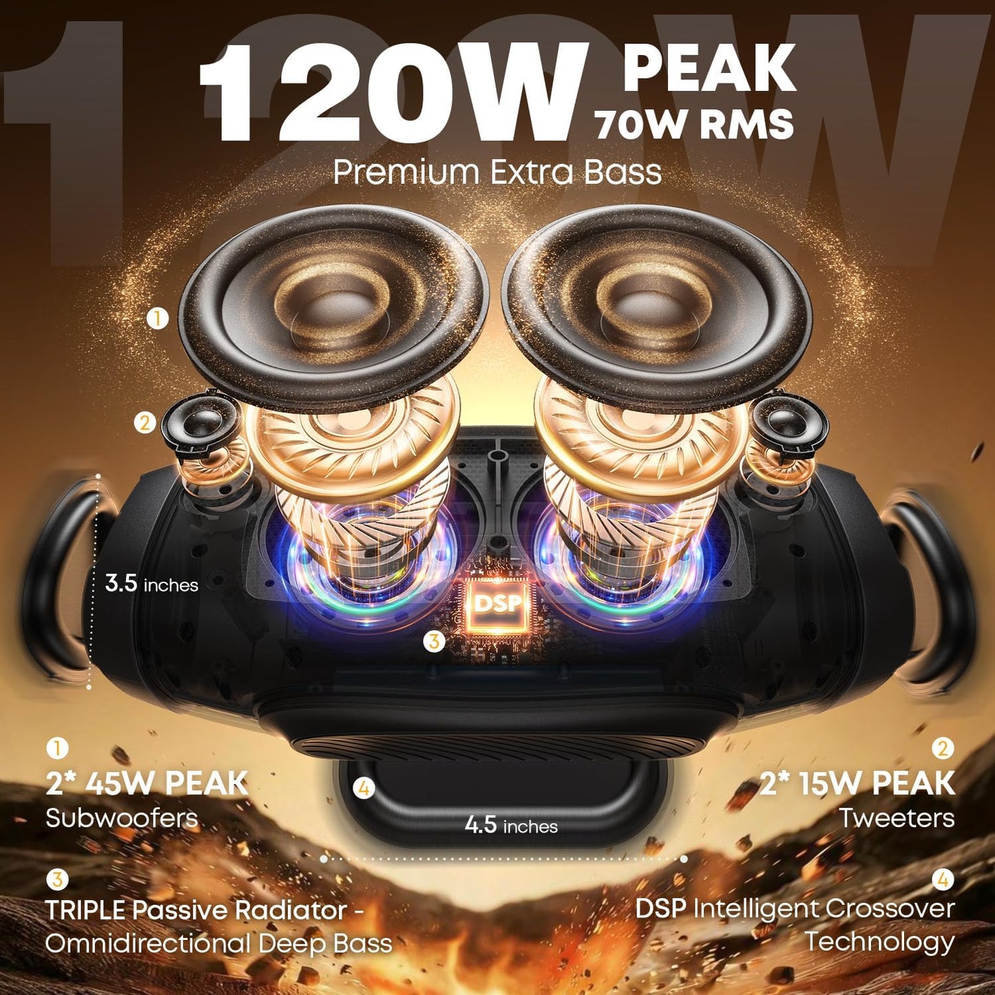 W-KING Bluetooth Speaker, 120W Max Loud Portable Speakers Bluetooth Wireless Boombox, IPX6 Waterproof Party Large Outdoor Speaker, 70W Triple Passive Radiators- Deep Bass/Subwoofer*2, 42H, TF, AUX, EQ