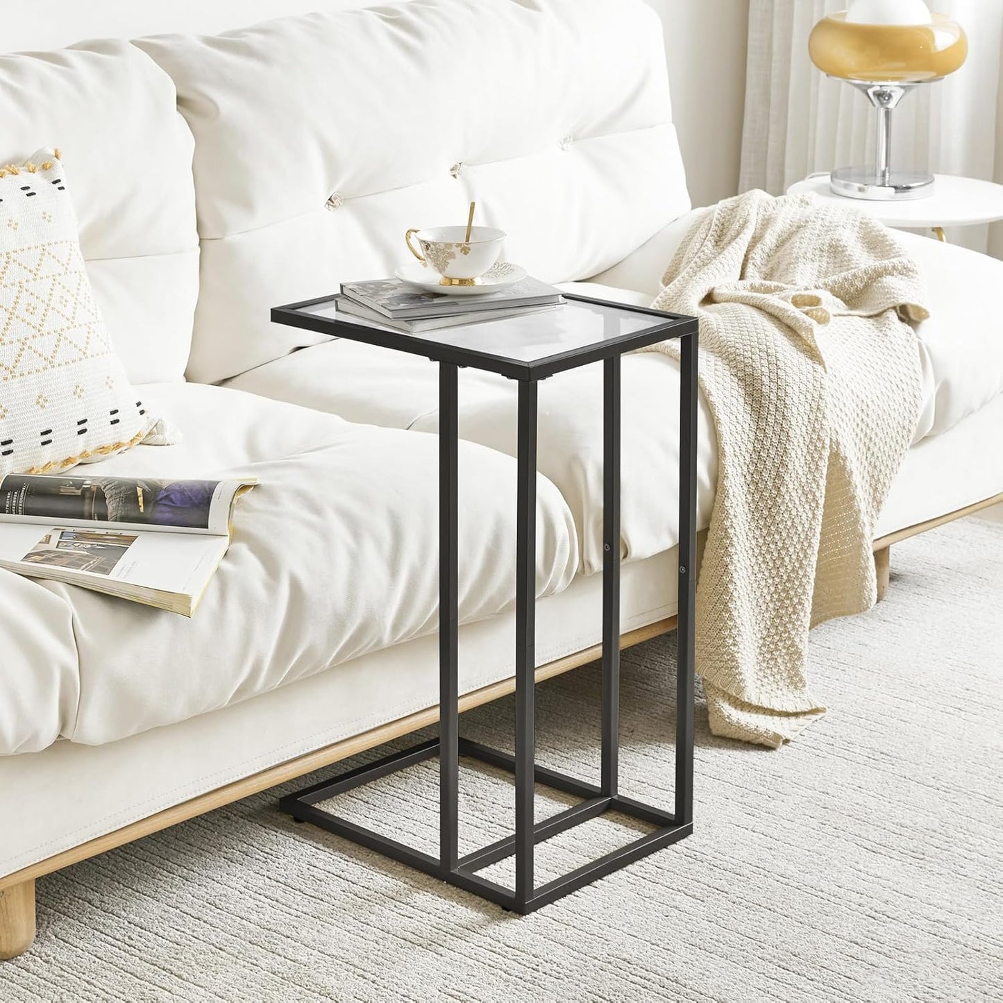 YMYNY C-Shaped End Table, Tempered Glass Sofa Side Table, TV Tray CouchTable That Slide Under for Small Space, Coffee Table for Hallway Office Bedroom Living Room, Metal Frame, Black, UHGD001B