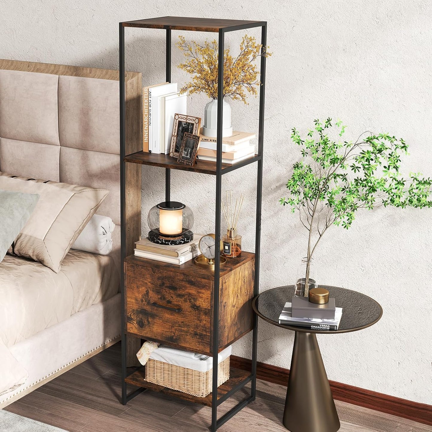 Giantex 5-Tier Bookshelf with Drawer, Narrow Bookcase w/Open Shelves & Metal Frame, Modern Storage Organizer Shelving Unit, Freestanding Display Rack for Bedroom Living Room (1,Rustic Brown+Black)