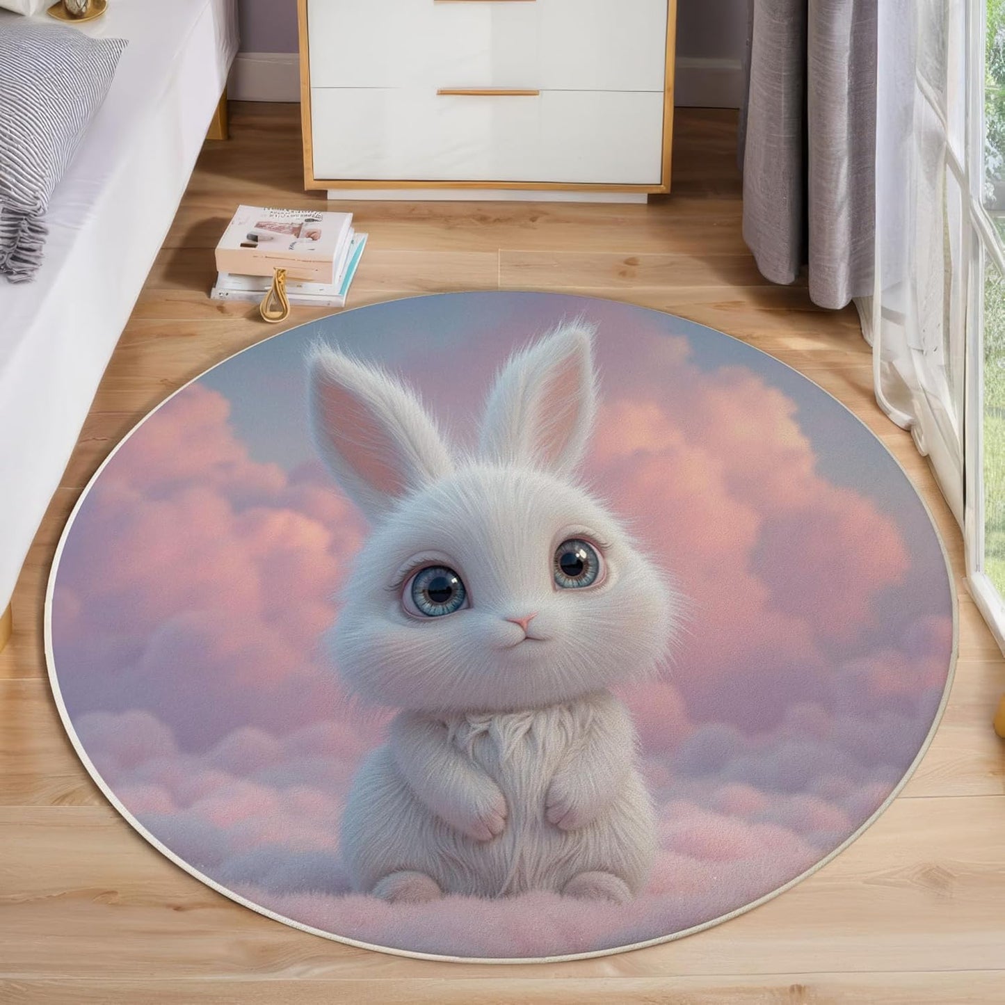 Washable Cute 3D Design Rabbit Sea of Clouds Area Rug, 3Ft Round Rugs for Living Room Soft Carpet for Bedroom Dreamy Animal Indoor Stain Resistant Non-Shedding Floor Carpet, Pink, 3Ft-Round