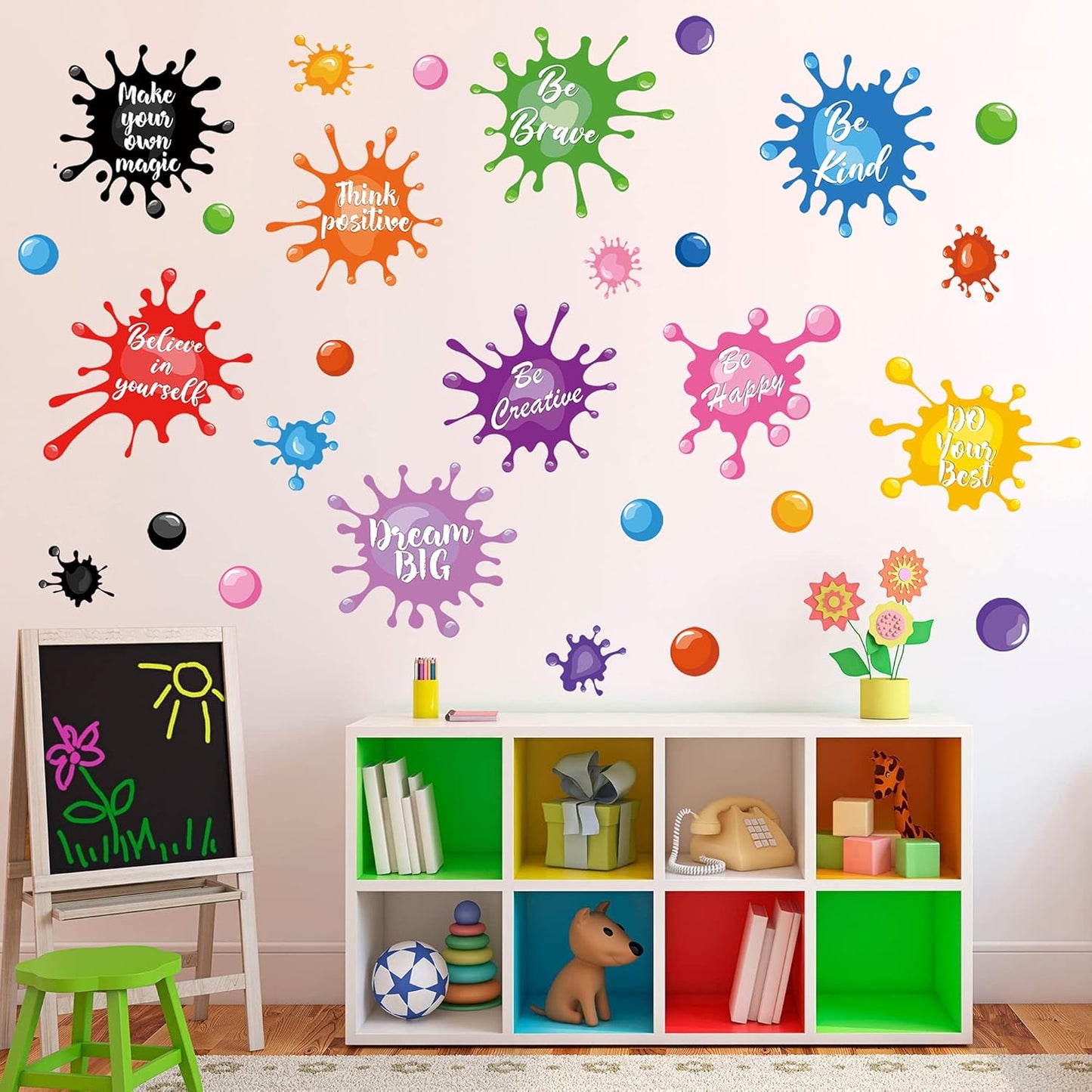 Colorful Inspirational Quotes Wall Decals Watercolor Paint Wall Decals Ink Splatter Splotches Wall Stickers Motivational Lettering Positive Sayings Stickers for Kids Classroom Nursery Playroom School