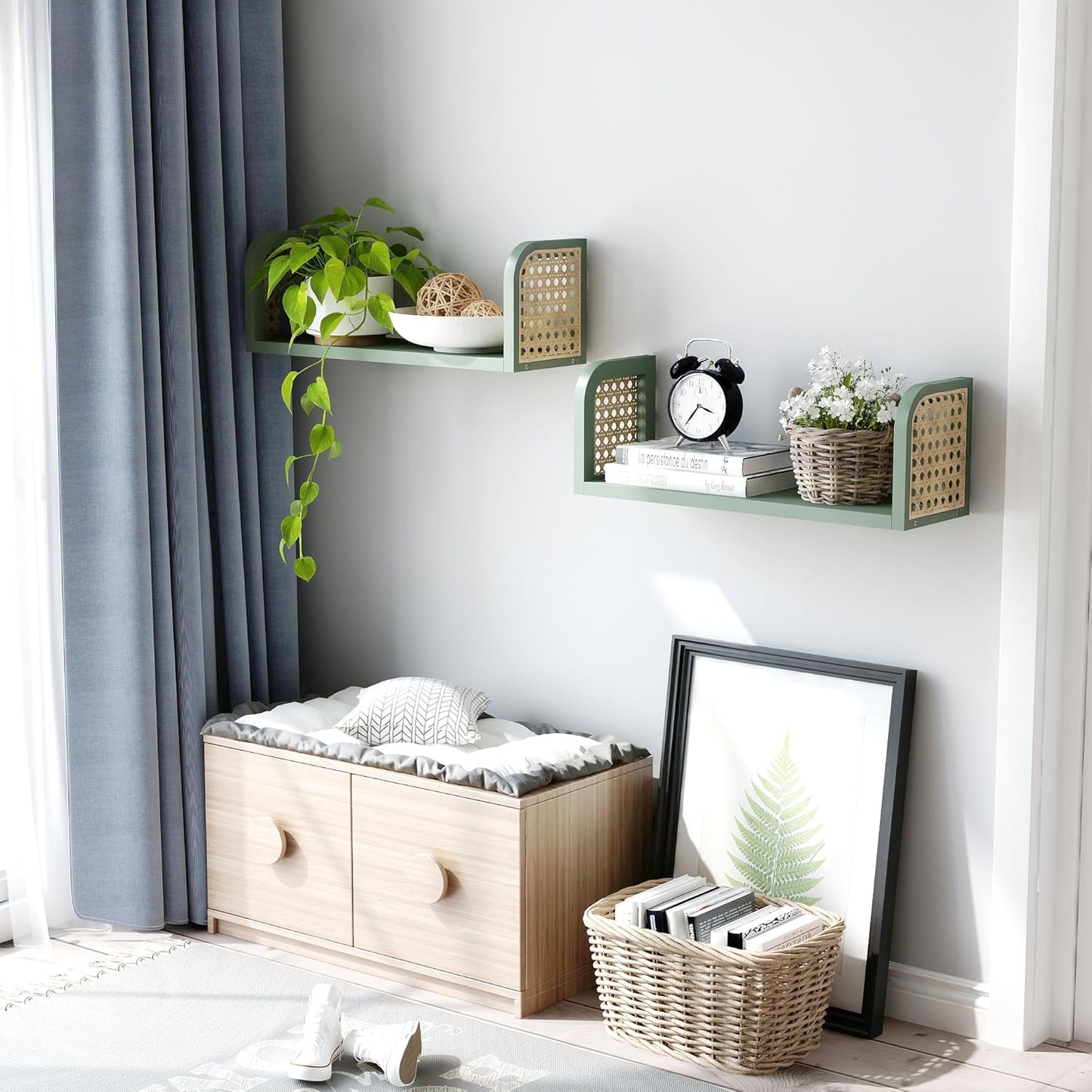 Green Rattan Shelf Set of 2, Cute Nursery Shelves Wall Mounted, Natural Hanging Bookshelf Storage, Boho Decorative Floating Shelves for Kids Room, Living Room, Play Room, Bedroom, Home Decor