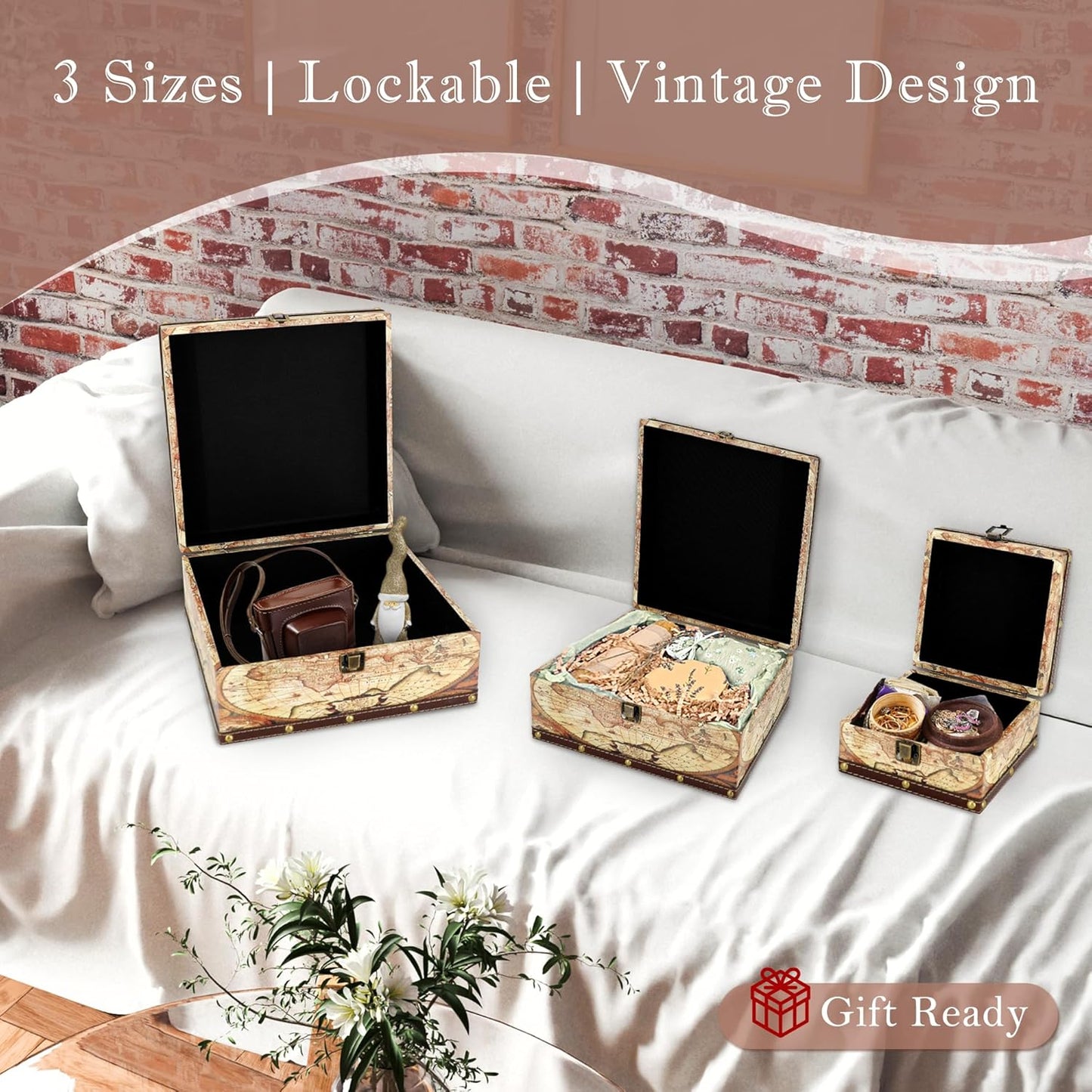 Jolitac Wooden Storage Box Set of 3, Antique-Looking Storage Containers with Secret Compartments Vintage Nesting Keepsake Chests for Jewelry, Cash, Photos Travel-Friendly & Stackable (Map)