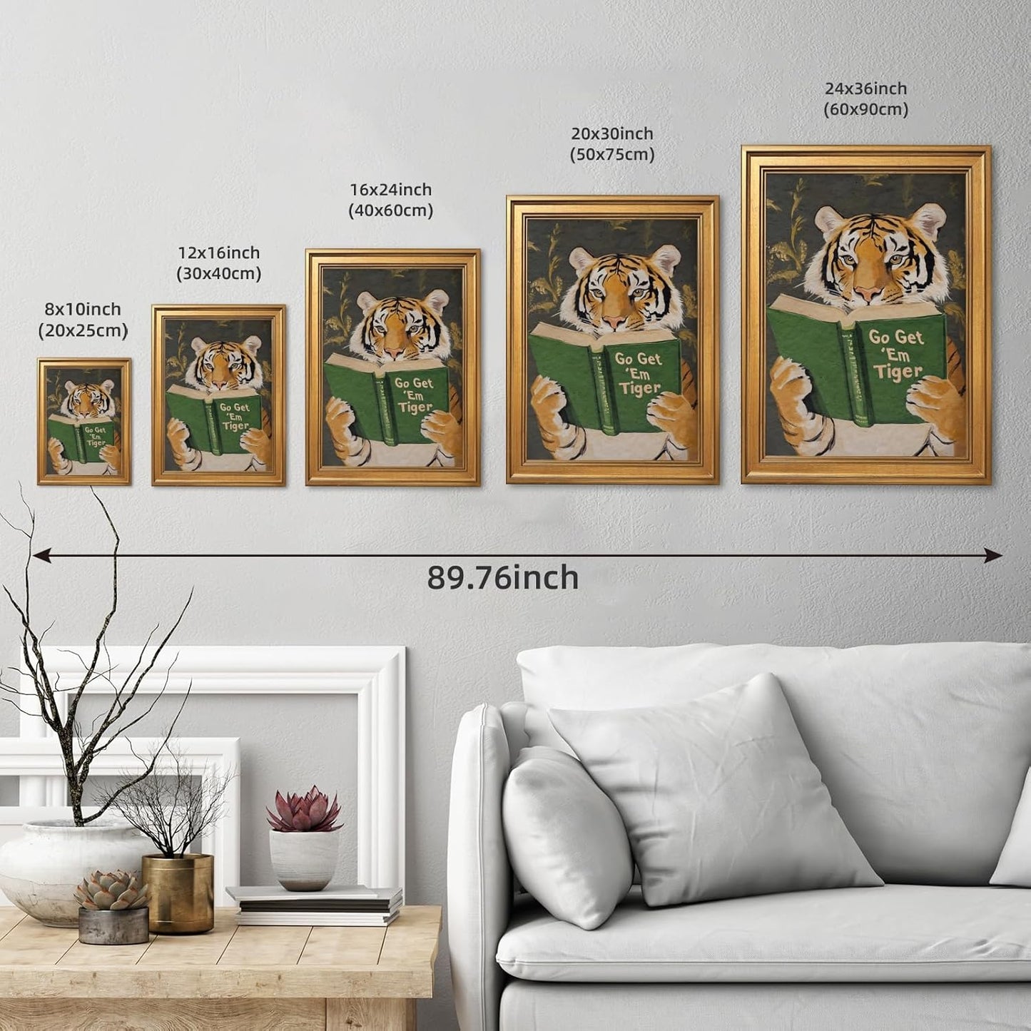 Large Gold Framed Reading Tiger Canvas Wall Art Go Get Em Wild Animal Painting Poser Prints Funny Booklish Jungle Inspired Surreal Picture Humor Big Cat Artwork for Rustic Room Decor 24x36inch