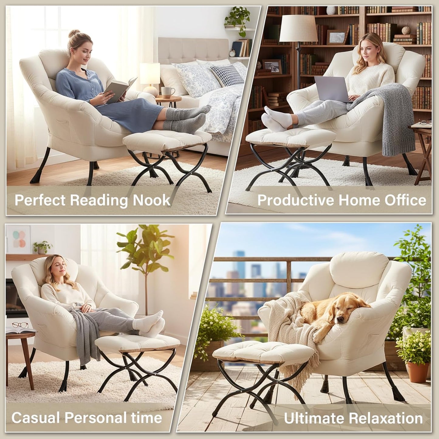 Lazy Chair and Ottoman, Large Velvet Beige Accent Chair with a Side Pocket, Modern Leisure Upholstered Reading Armchair with Footrest for Office, Bedroom, Living Room, Dorm Rooms, Balcony