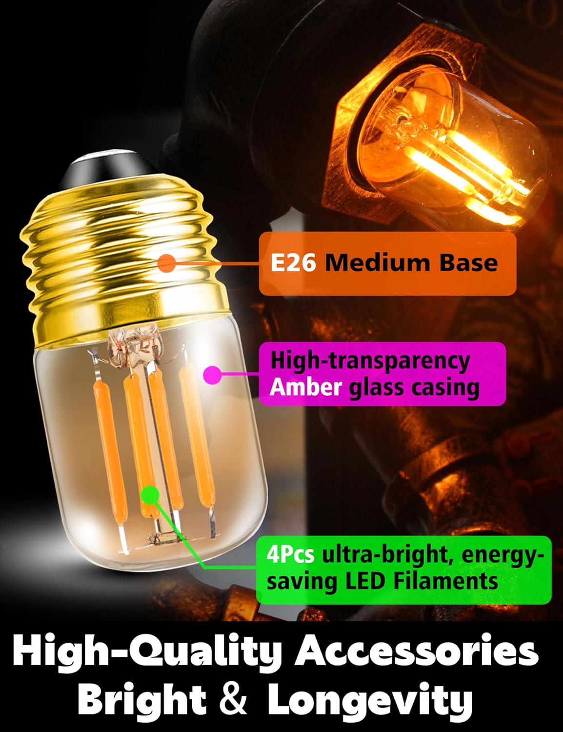 E26 Amber Night Light Bulbs, 2w 200lm Low Wattage Sleep Light Bulb (15W Equivalent), 2200k Warm T28 Mini LED Edison Bulb, E26 Medium Base for Decorative Bulbs Oven Wall Sconces Lights, 4 Pack