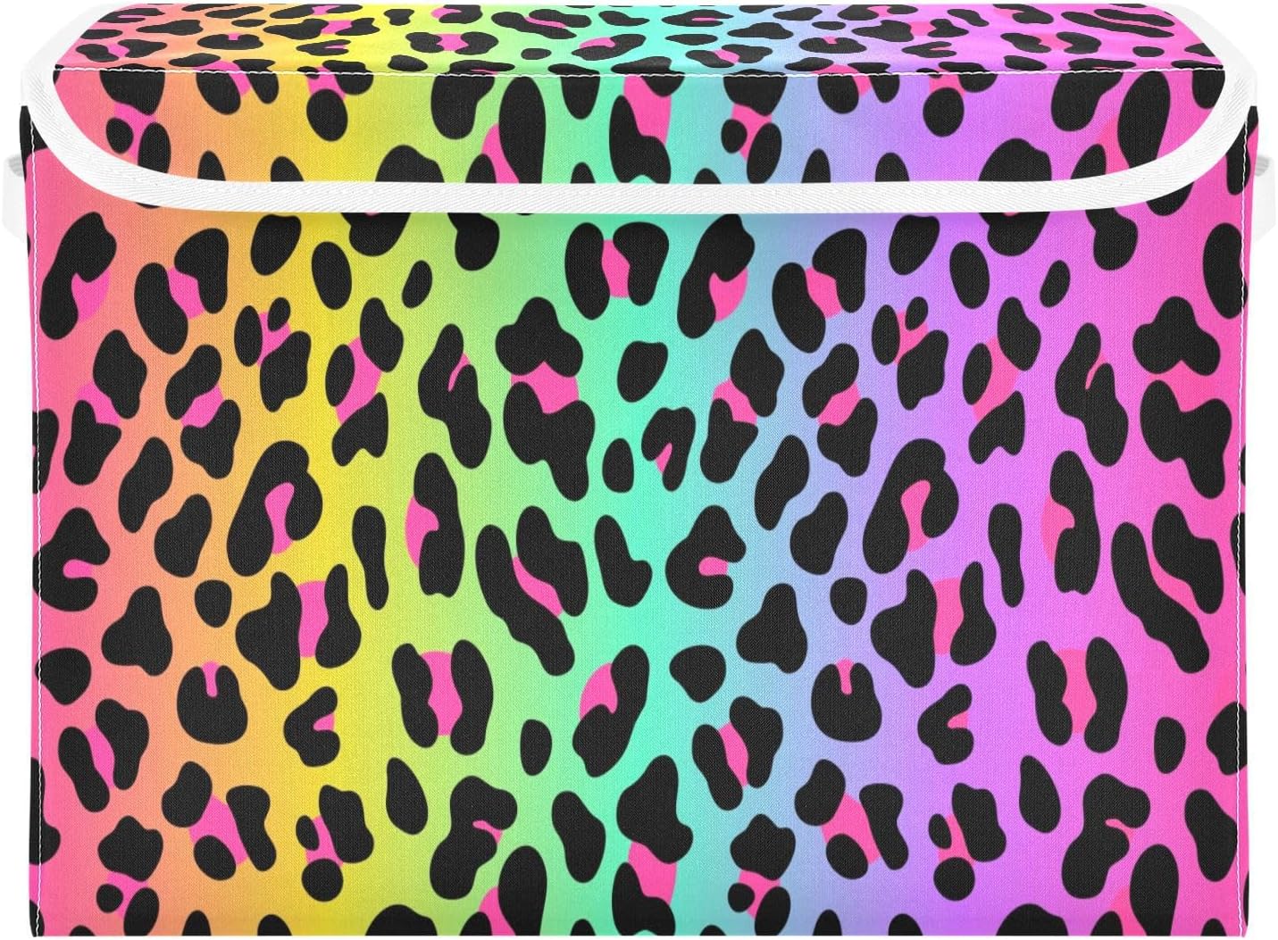 Large Collapsible Storage Bins with Lids, Rainbow Leopard Animal Storage Baskets Organizer Containers with Handles for Nursery Clothes Toys