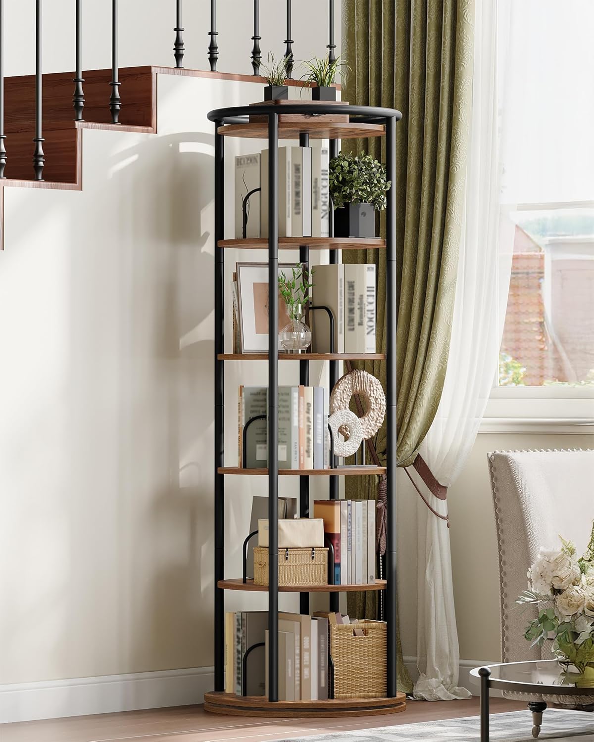 Rotating Bookshelf, 360° Spinning Bookshelf Tower, Display Revolving Bookcase, Round Book Shelf, Narrow Swivel Bookshelves for Small Space, Bedroom, Living Room, 6-Tier Rustic Brown, BC52101B
