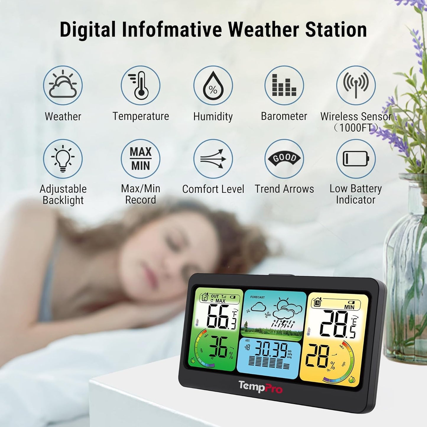 TempPro TP280 1000FT Home Weather Stations Wireless Indoor Outdoor Thermometer, Weather Stations with Accurate Sensor, Inside Outside Weather Thermometer Barometer with Forecast(Previously ThermoPro)