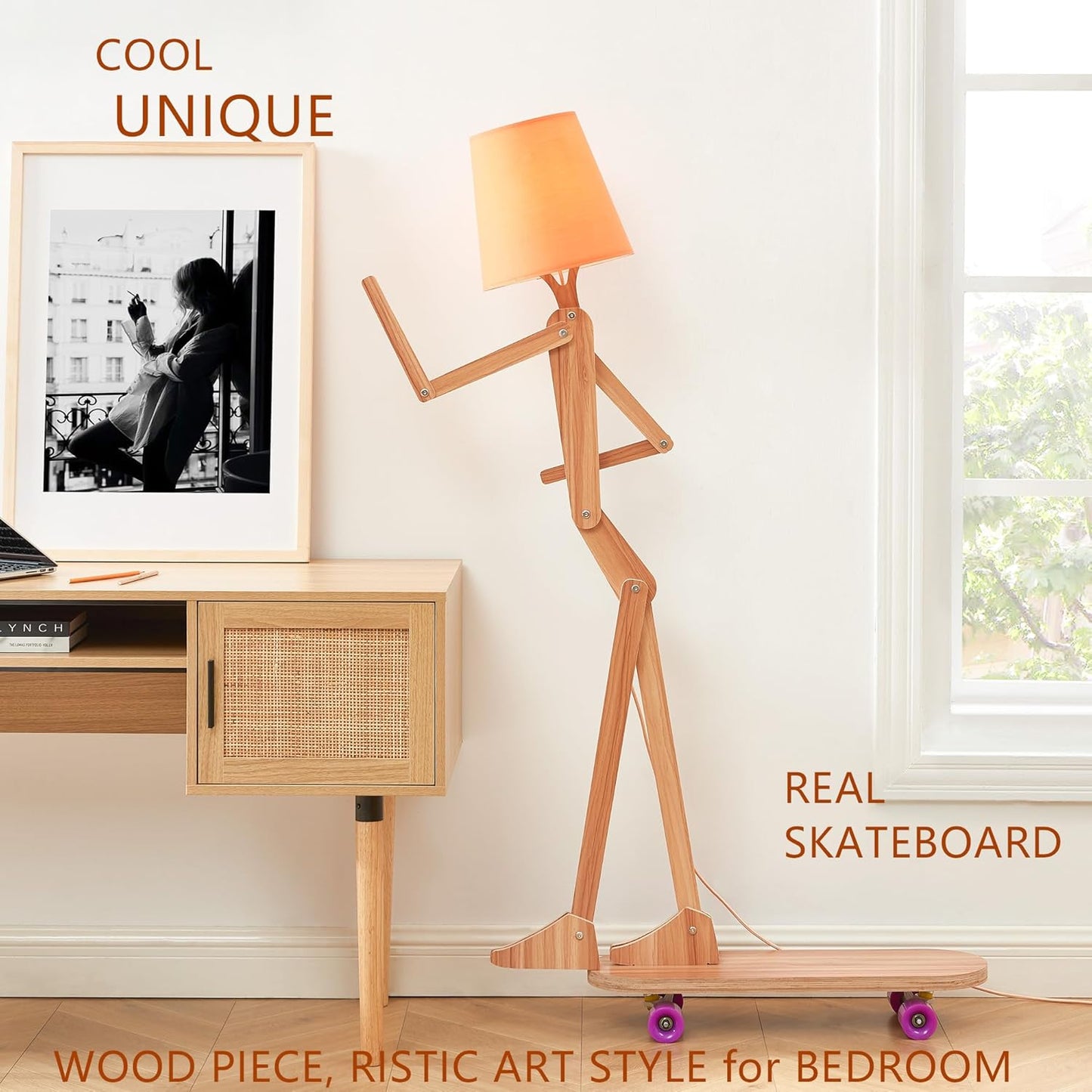 Unique Wood Floor Lamp with Skateboard Base for Living Room Bedroom Kids Bedside - Decorative Corner Reading Swing Arm Standing Light for Office Farmhouse Home - LED Bulb Included - Ash Plywood