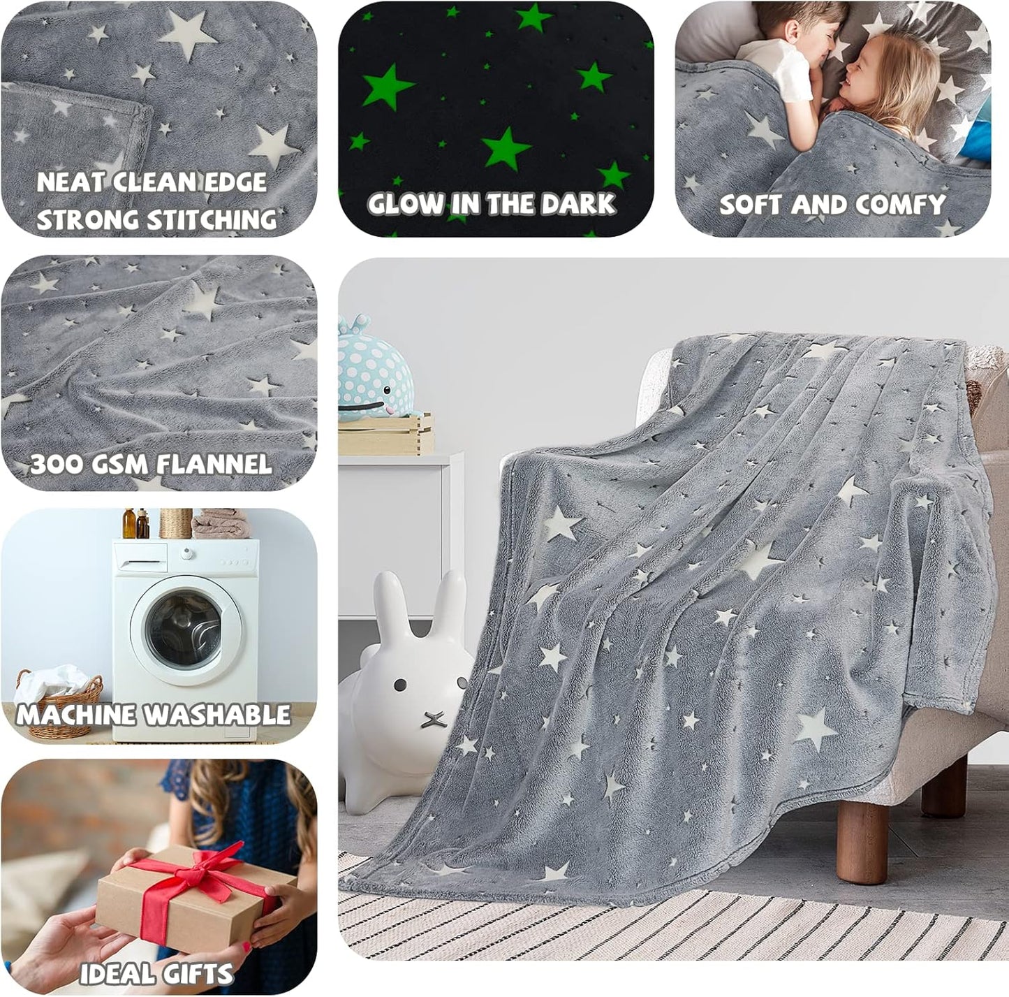 REXEO Glow in The Dark Star Space Blanket for Kids, Grey Cute Galaxy Throw for Boys Girls, Soft Flannel Toddler Blanket, Bedroom Room Decor, Birthday Gifts, 50" x 60"