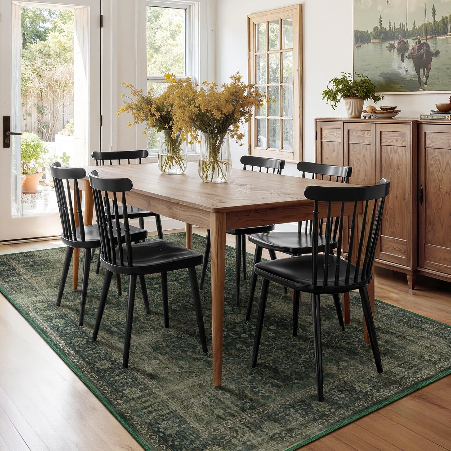 Area Rugs 6x9 Dark Green, Vintage Distressed Earth Tone Living Room Rug Washable Low Pile, Dark Moody Carpet Rug for Bedroom Dining Room Non Slip, Home Office Reading Nook