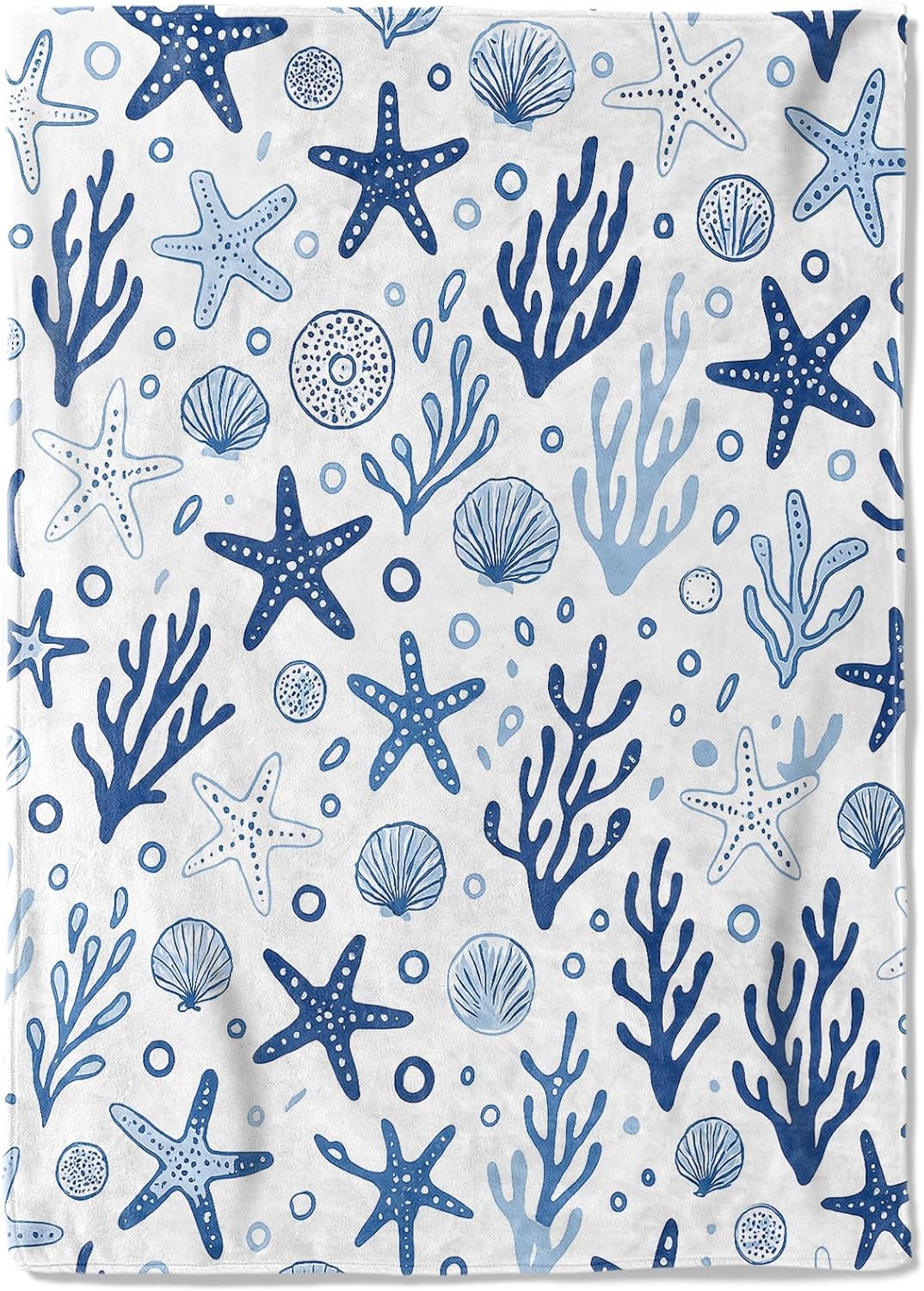 Nautical Starfish Coral Fleece Blanket,50x60in,Blue Seashell Ocean Elements Throw Coastal Beach White Blankets,Soft Cozy Lightweight, Ideal for Bed Living Room Home Decor,Adults Gifts