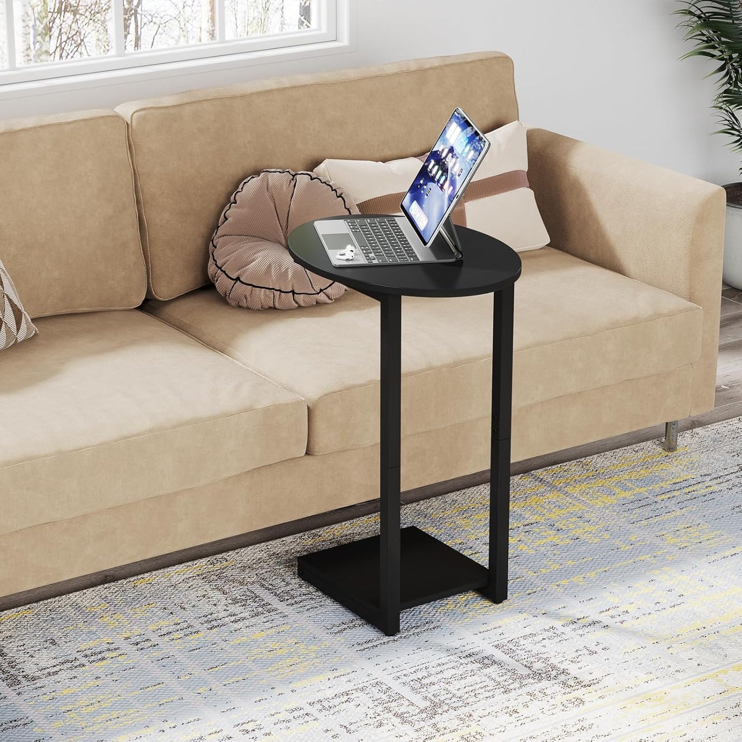 Hosfais Small Side Table End Table, C-Shaped Wood Coffee Table TV Tray for Eating Couch Tables for Small Space, Living Room, (Black)