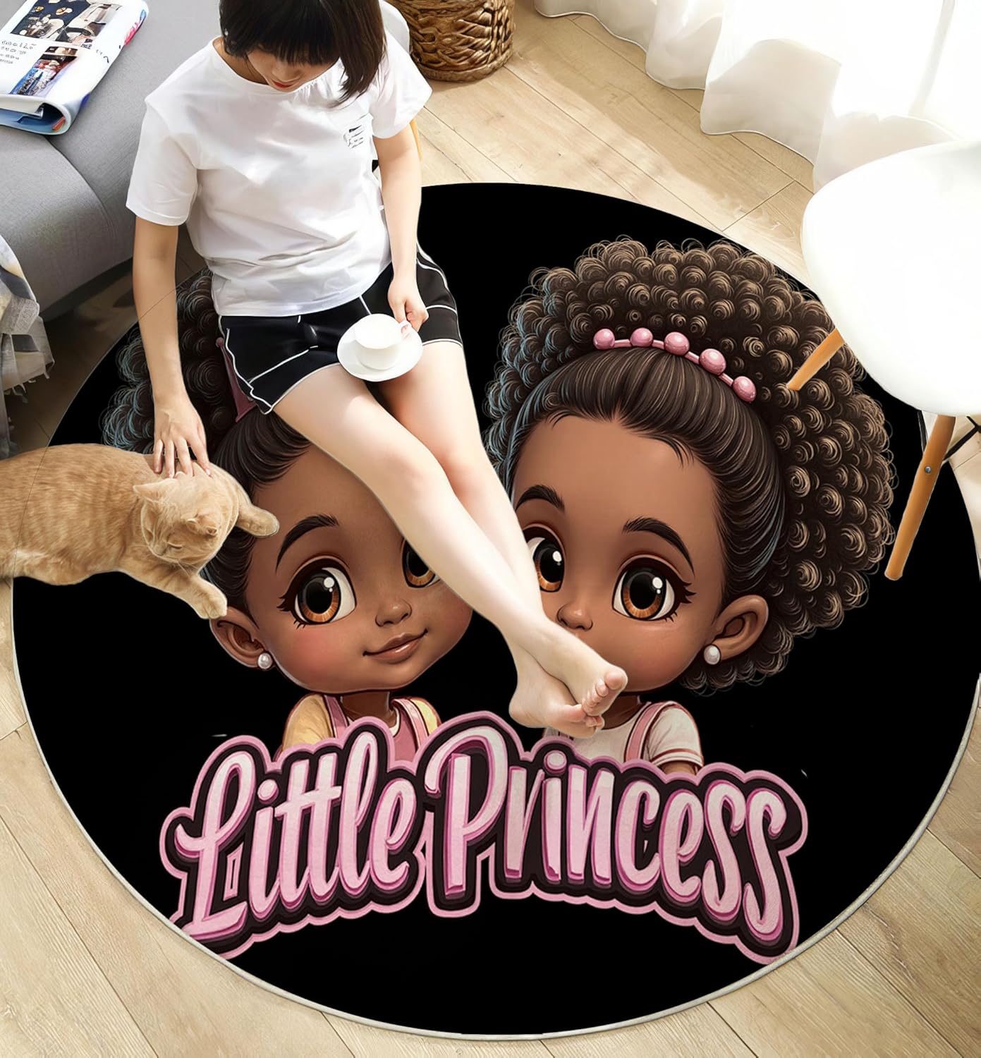 2Ft Round Washable Rug - Large Area Rug for Living Room Dining Room, Black Soft Bedroom Carpet with Cartoon Black Person Little Girl Pattern, Fun Illustration Décor, Low Pile Stain Resistant