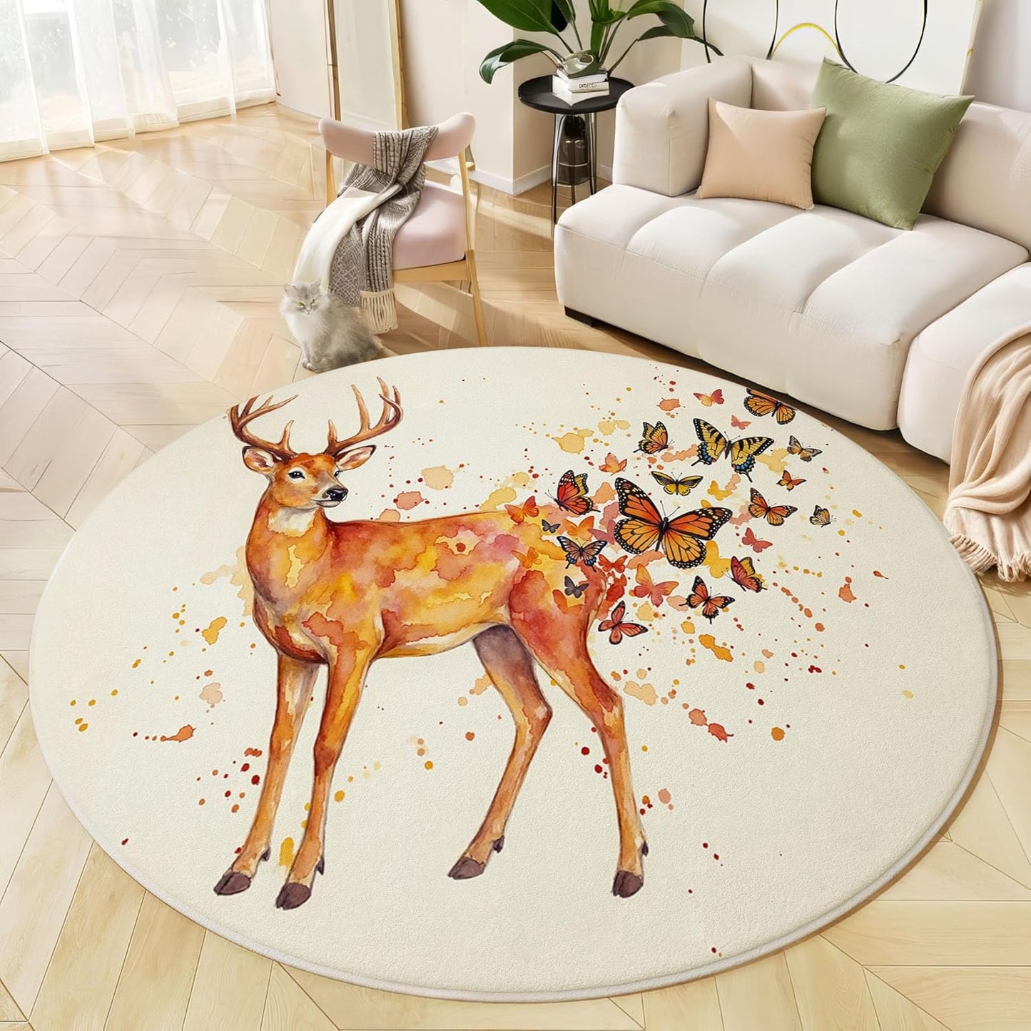 Round Rug for Kids Room, Watercolor Deer Butterfly Round Rugs 3Ft, Simple Animal Design Circle Rug, Beige Washable Circle Carpet for Living Room Bedroom, Non Slip Low Pile Thin Area Rugs