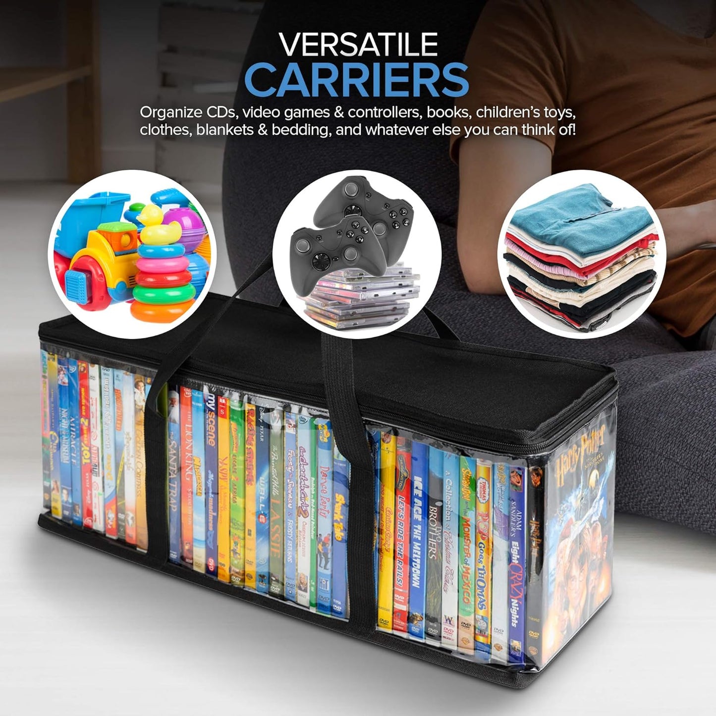 Stock Your Home DVD Storage Bags (Set of 6) Media Organizer Bag for DVDs, CDs, Blu Ray Disc, Movie Cases, VHS Box, Video Game Disks, Clear Plastic Holders with Carrying Handles and Zipper - Black