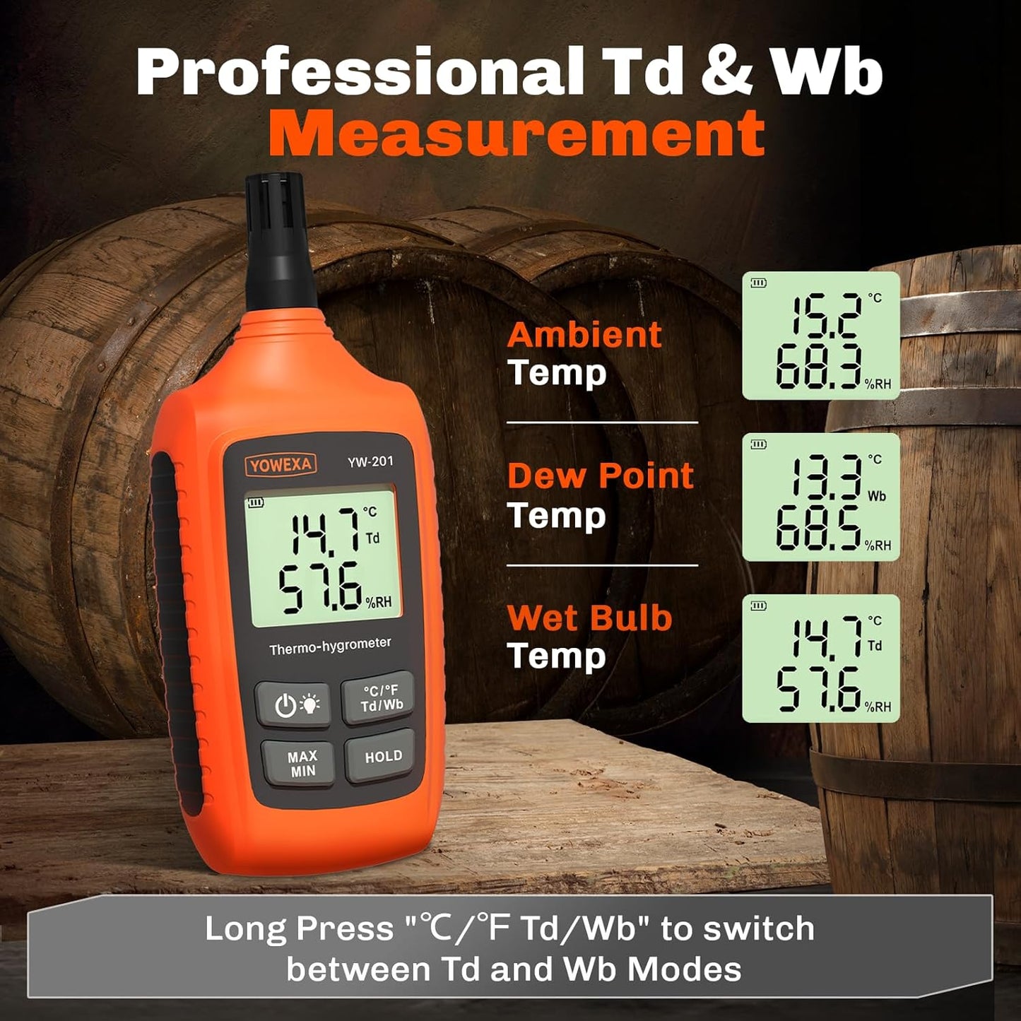 YW-201 Temperature Humidity Meter Digital Psychrometer, Thermometer Hygrometer with Dew Point & Wet Bulb, Max/Min, Data Hold, LCD Backlight