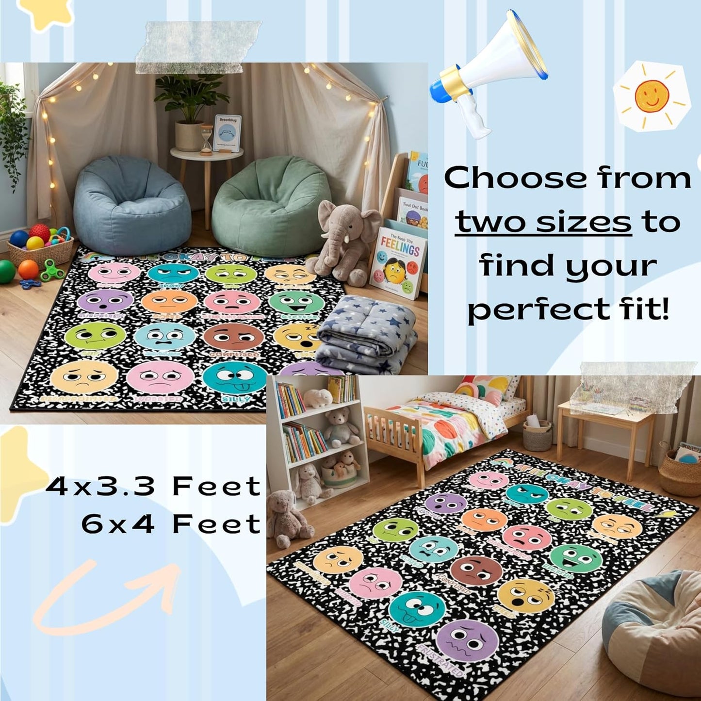 4x3.3FT Composition Notebook Calm Down Classroom Rug Playroom Rug with Emotion Faces Chart Soft Anti-Skid Floor Mat for School Preschool Daycare Bedroom Mental Health Social-Emotional Learning Decor
