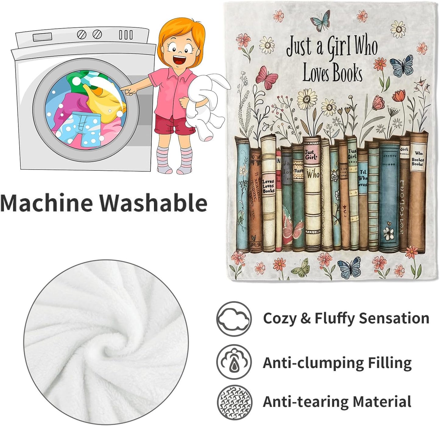 Just a Girl Who Loves Books Blanket Reader Floral and Butterfly Throw Blankets,Birthday Gifts for Kids Girls Women,Lightweight Soft Fleece,Book Lovers,Sofa Couch Bed Room Decor 50x60in