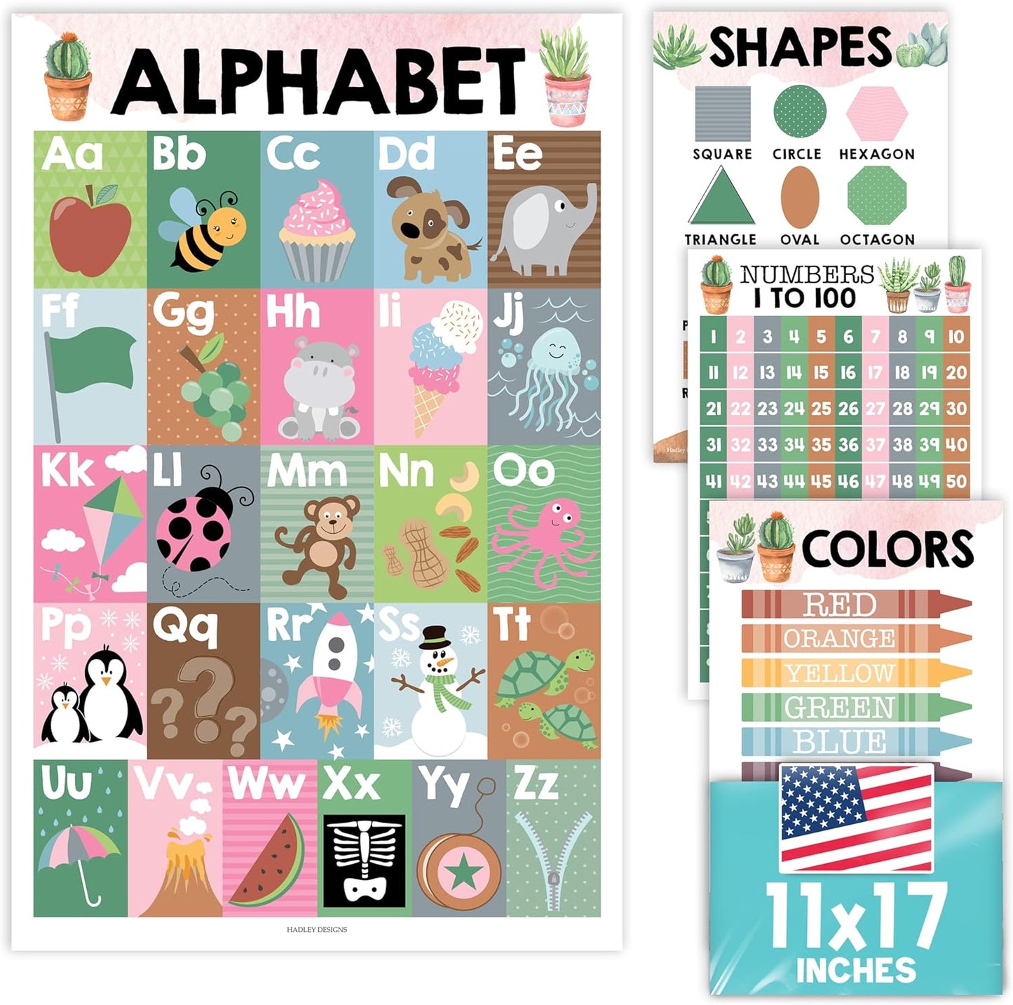 Hadley Designs ABC Posters For Classroom Wall - Shapes, 1-100 Number Chart, Color & Alphabet Learning Posters For Toddlers 1-3, PreK, Kindergarten & Homeschool, Laminated Cactus Classroom Poster