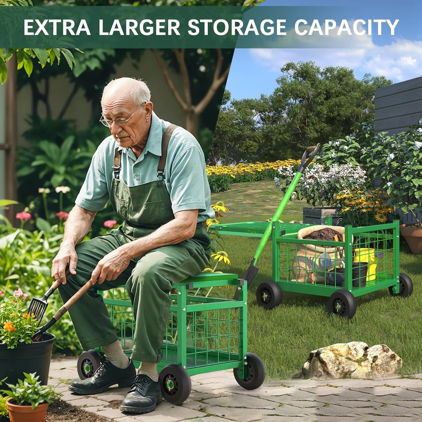 FLINTER Rolling Garden Work Seat with Wheels, Upgraded Heavy Duty Gardenning Cart with Seat - Garden Rolling Stools with Wheels for Seniors, Lawn, Patio & Backyard Gardening, Green